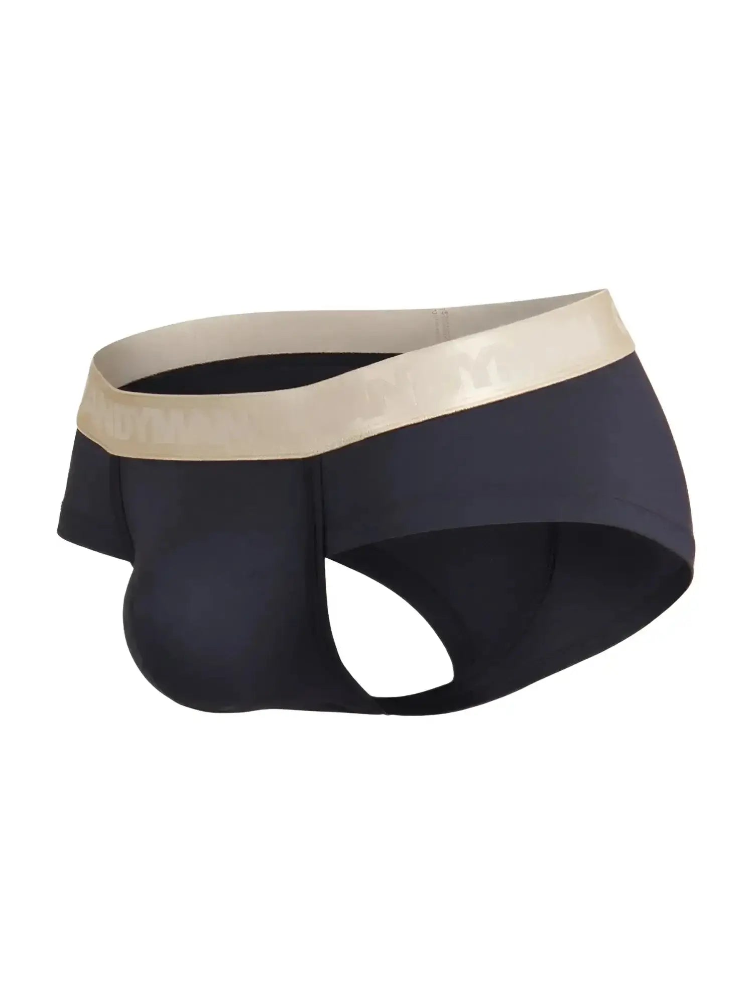 Product view of black CandyMan 99932 briefs with a gold waistband.