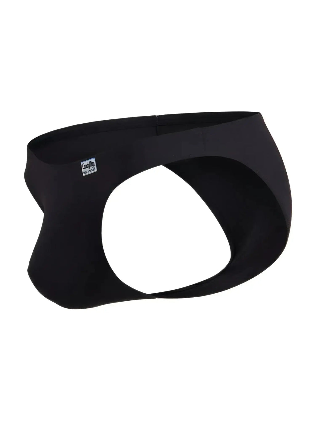 CandyMan 99932 black bikini briefs, isolated product view showing a side angle with a cutout design.