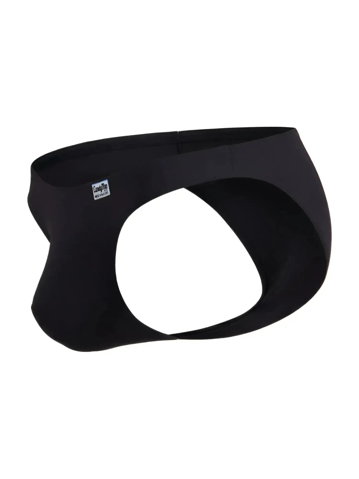 CandyMan 99932 black bikini briefs, isolated product view showing a side angle with a cutout design.