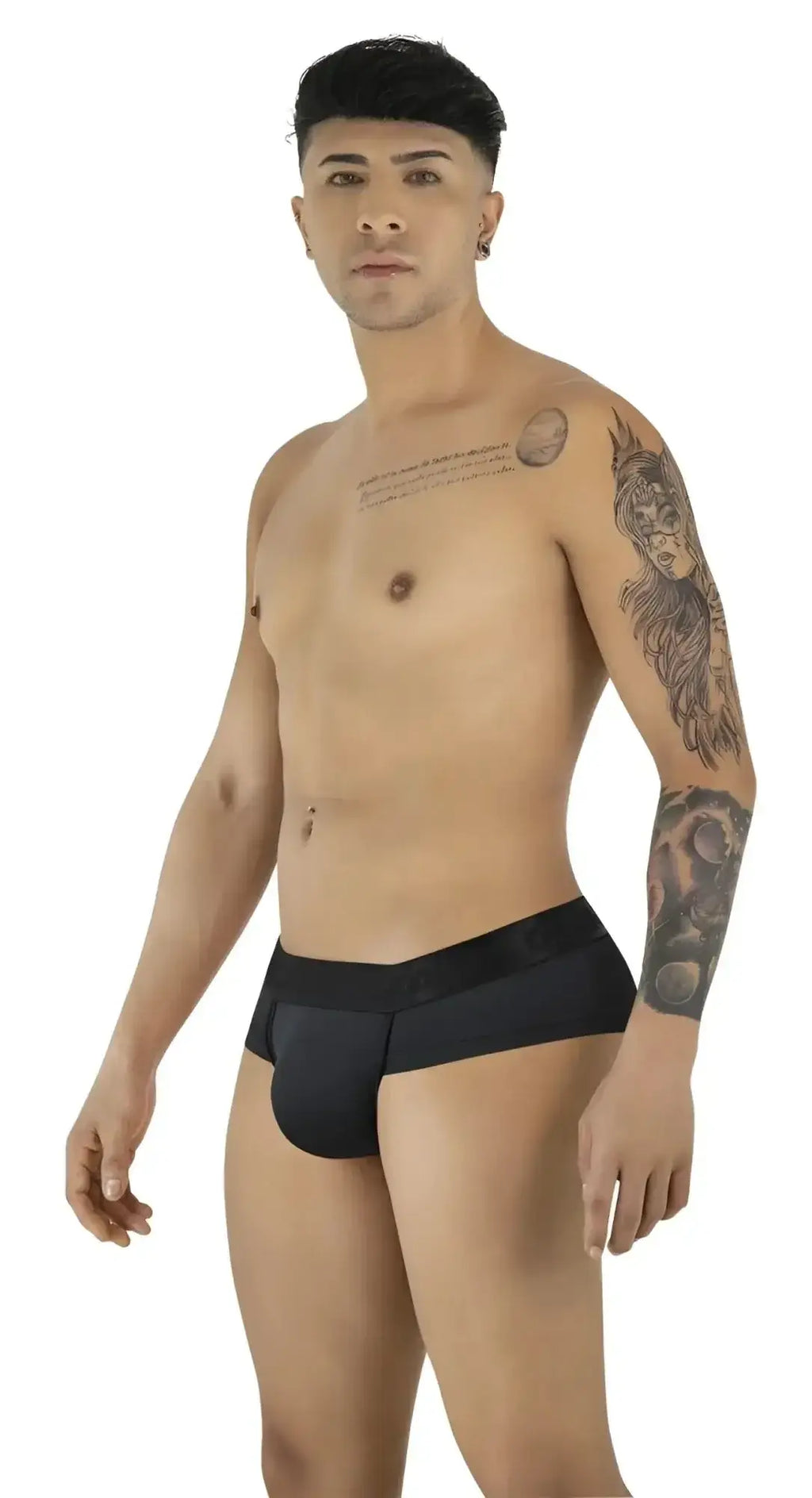 Side view of a model wearing black CandyMan 99932 briefs.