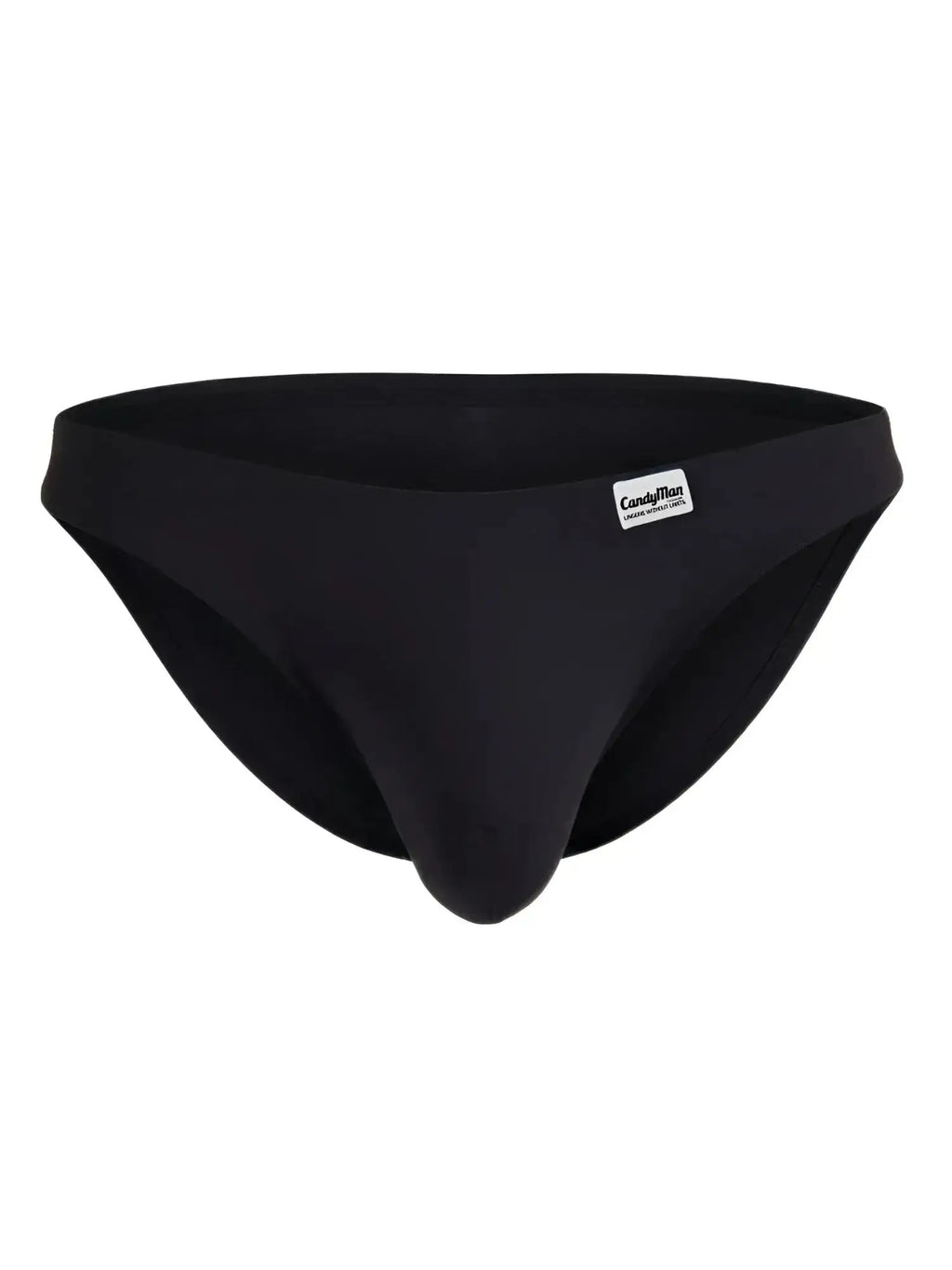 Front view of black CandyMan 99932 briefs with a white brand logo tag.