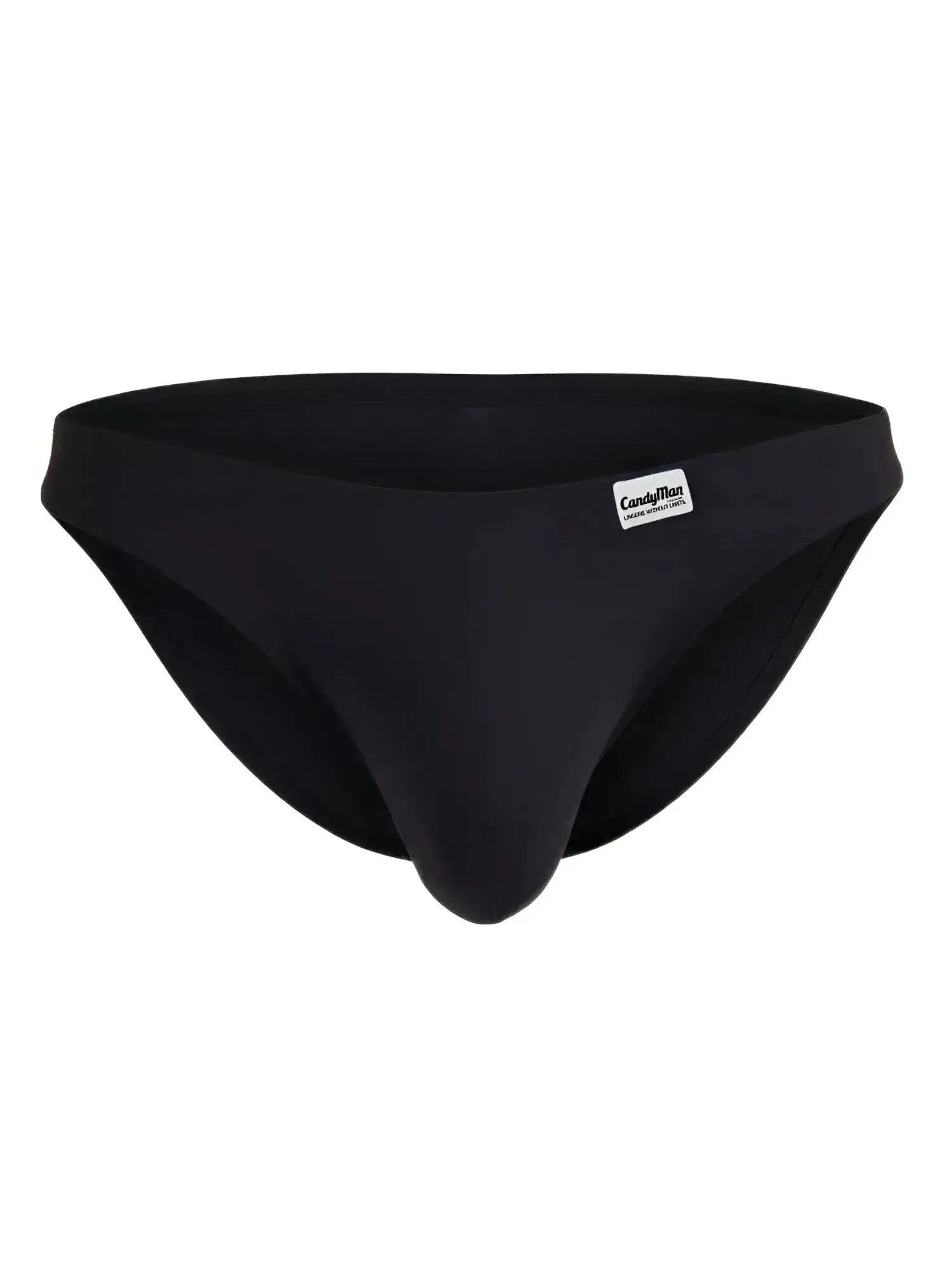 Front view of black CandyMan 99932 briefs with a white brand logo tag.