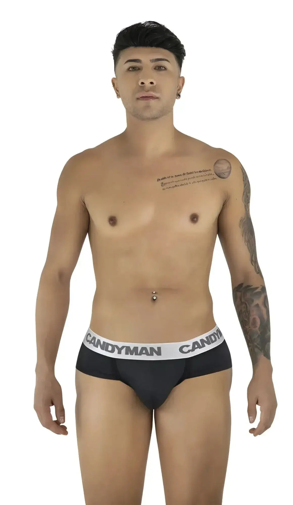 Front view of a model wearing black-silver CandyMan 99932 briefs.