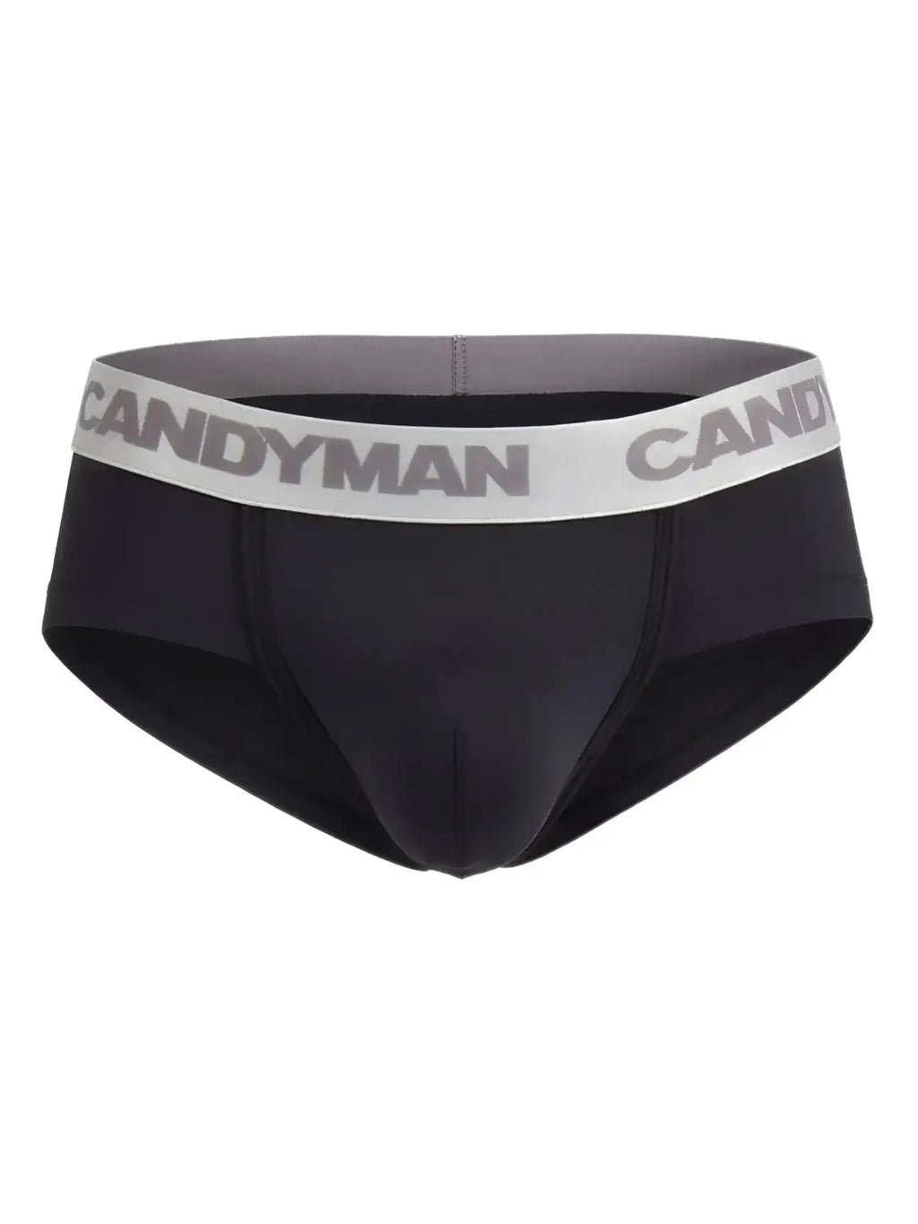 Front view of black and silver CandyMan 99932 briefs with logo waistband.