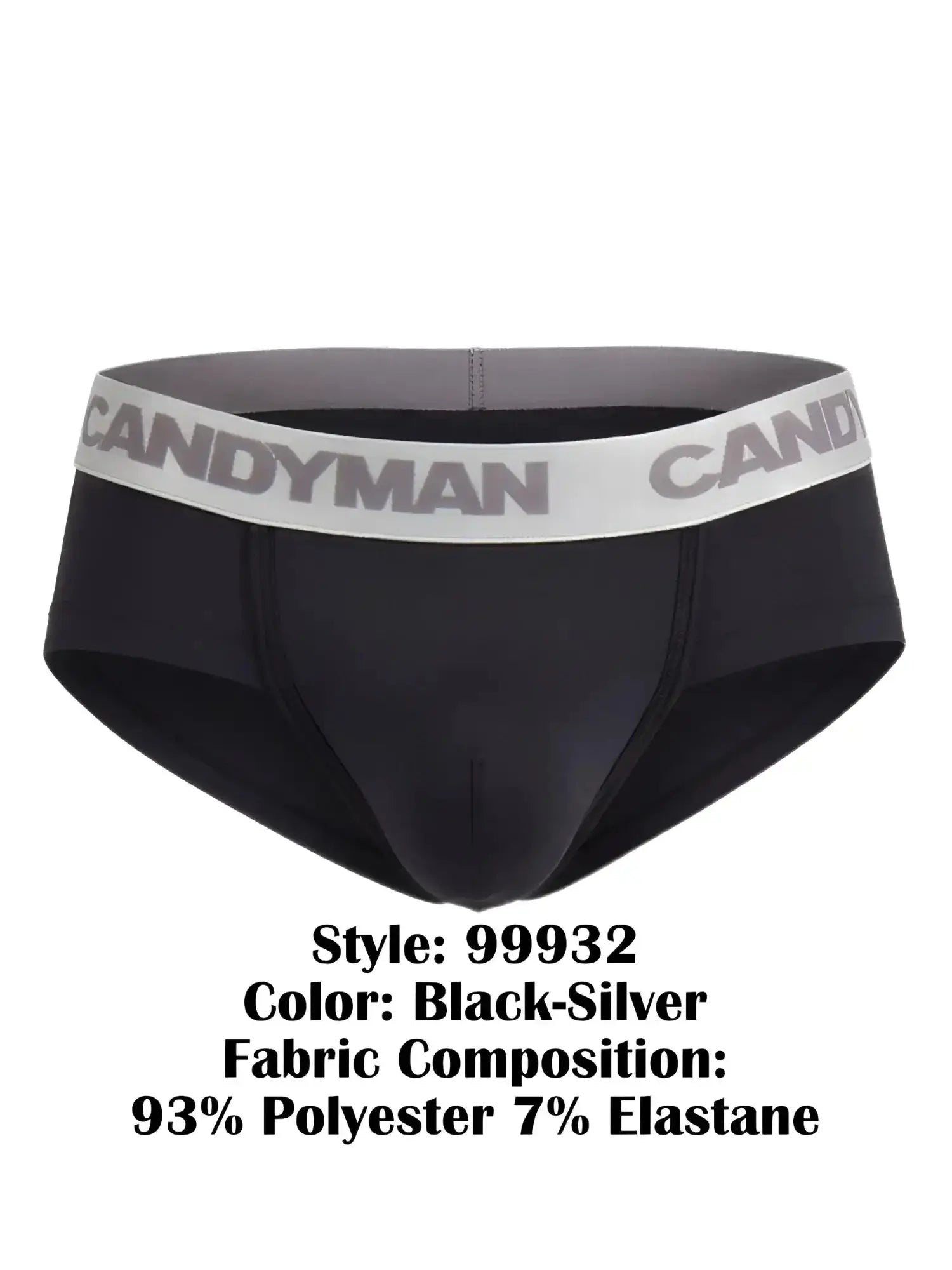 Front view of black CandyMan 99932 briefs with a silver logo waistband.