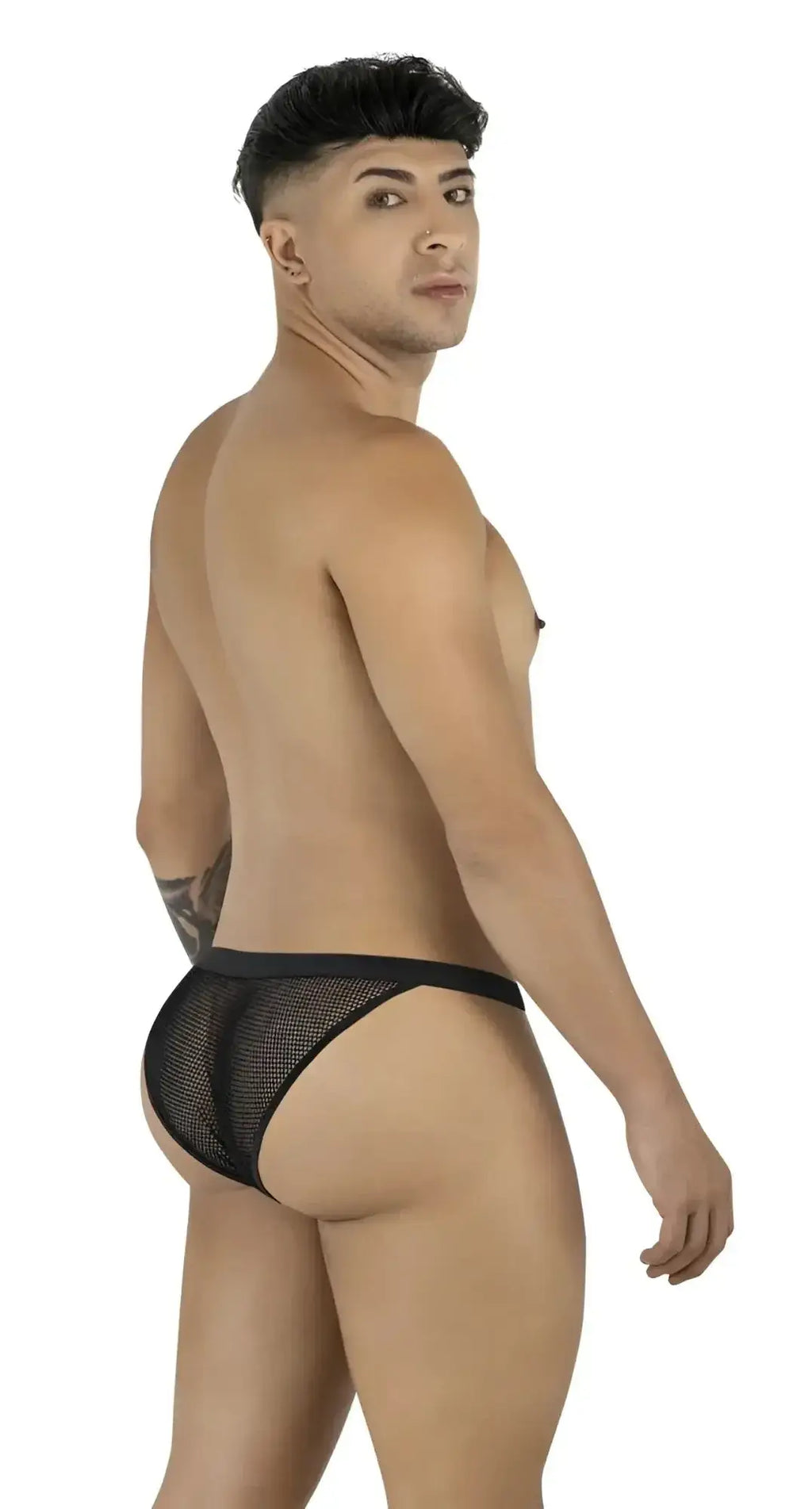 CandyMan 99933 black mesh bikini underwear, shown from the rear view on a model.