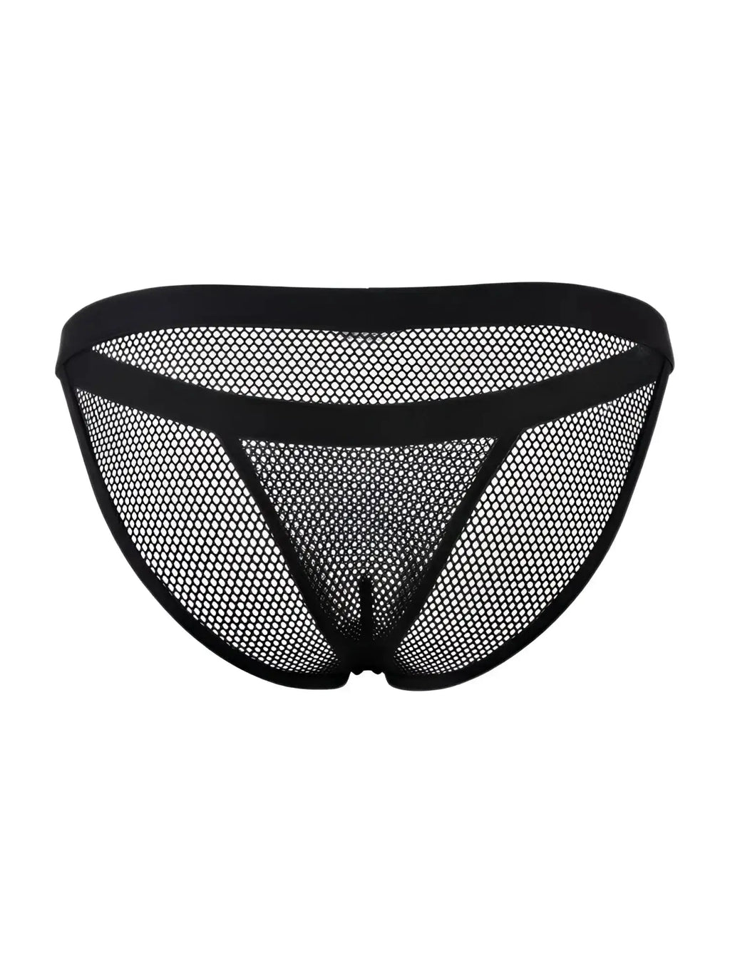 CandyMan 99933 bikini in black mesh, front view showing the sheer cutout design.