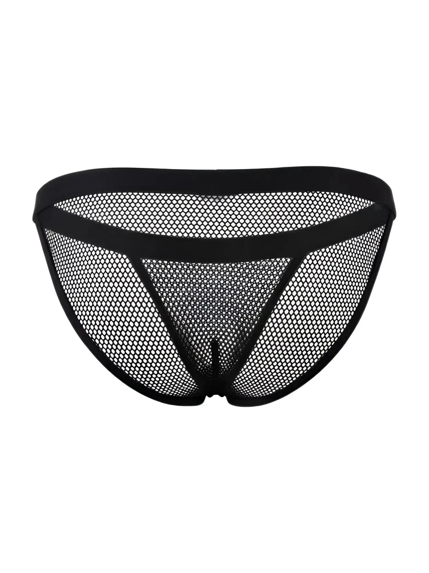 CandyMan 99933 bikini in black mesh, front view showing the sheer cutout design.