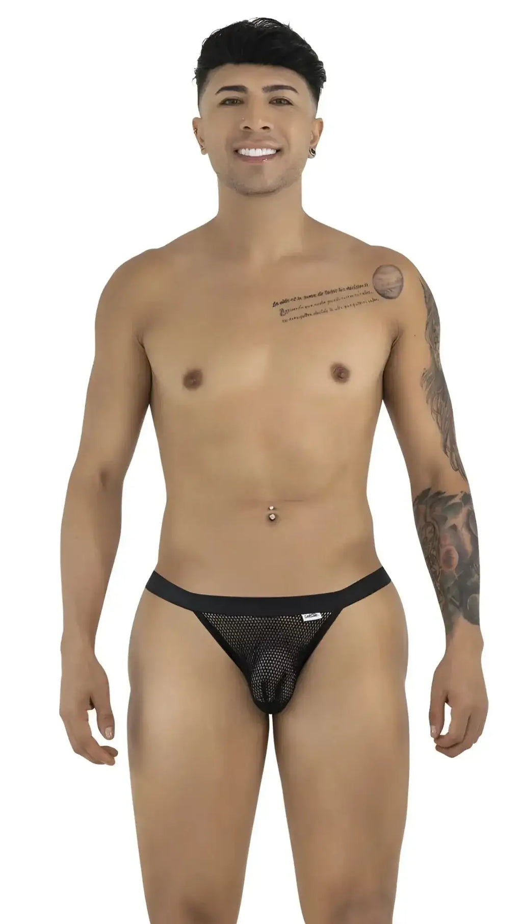 CandyMan 99933 bikini in black mesh, front view showing model wearing the underwear.