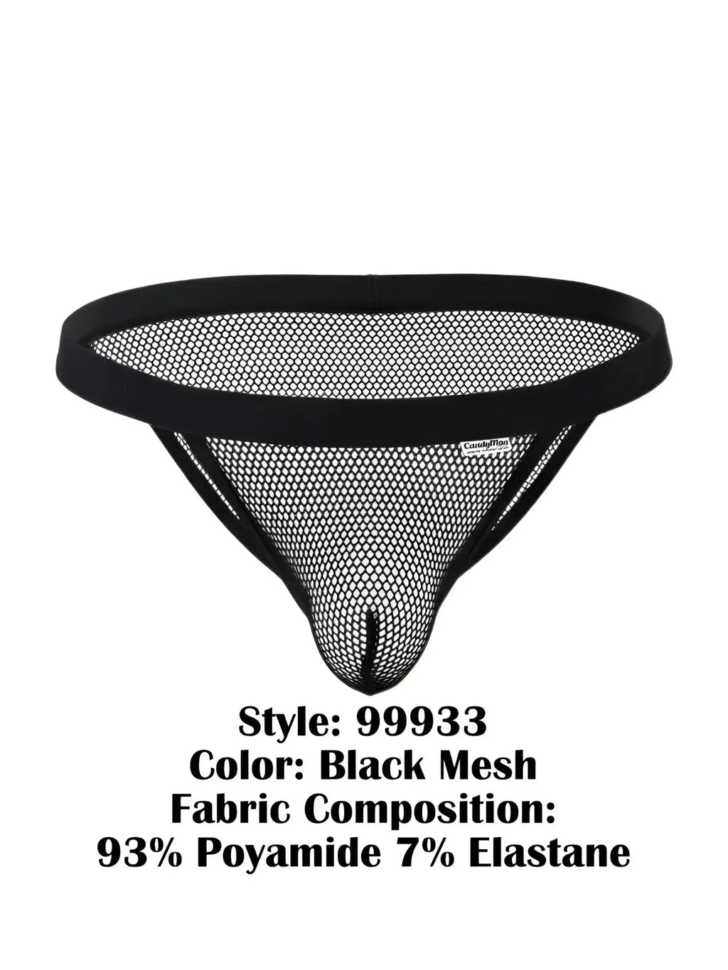 Front view of CandyMan 99933 bikini in black mesh fabric.