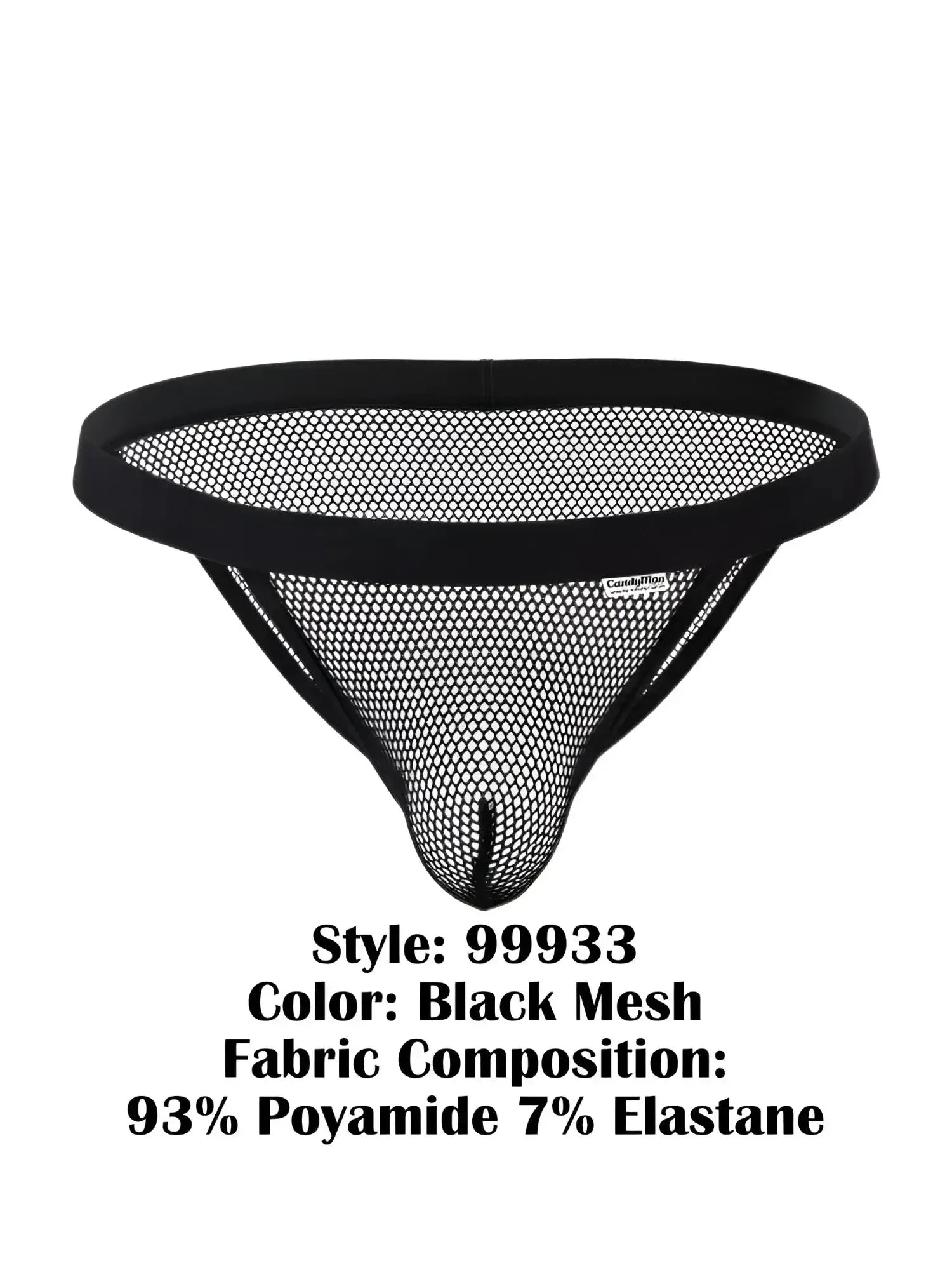 Front view of CandyMan 99933 bikini in black mesh fabric.