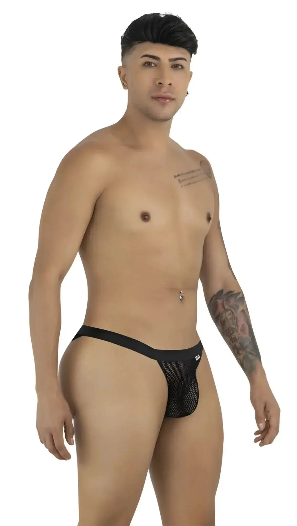 CandyMan 99933 black mesh bikini. Three-quarter view of a man wearing the underwear against a white background.