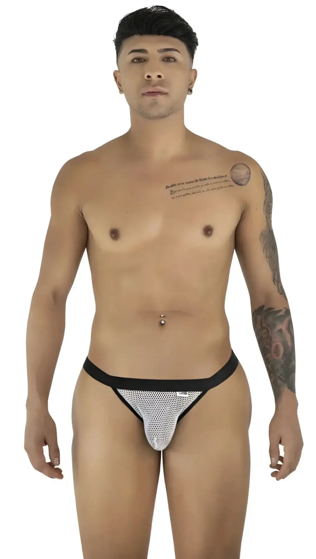 Front view of CandyMan 99933 white mesh bikini underwear on a male model.