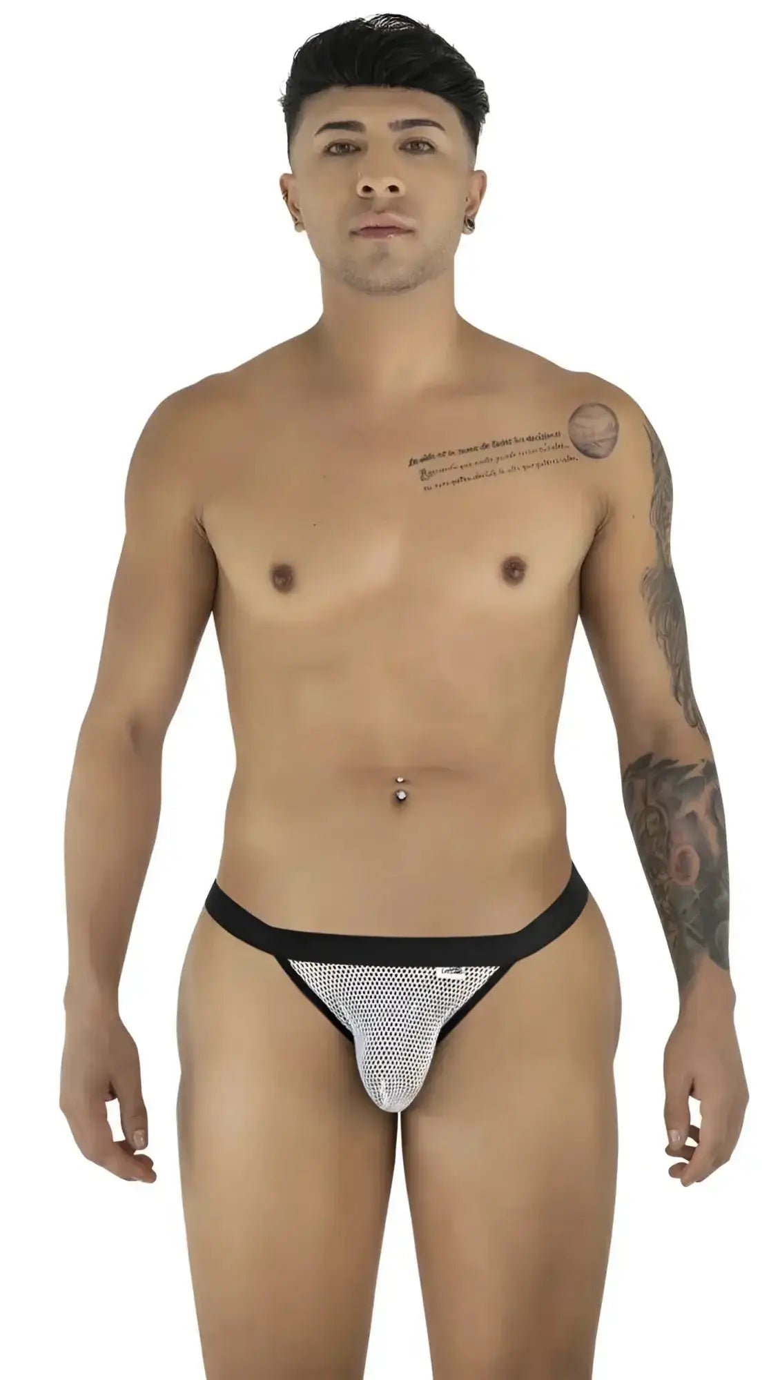 Front view of CandyMan 99933 white mesh bikini underwear on a male model.