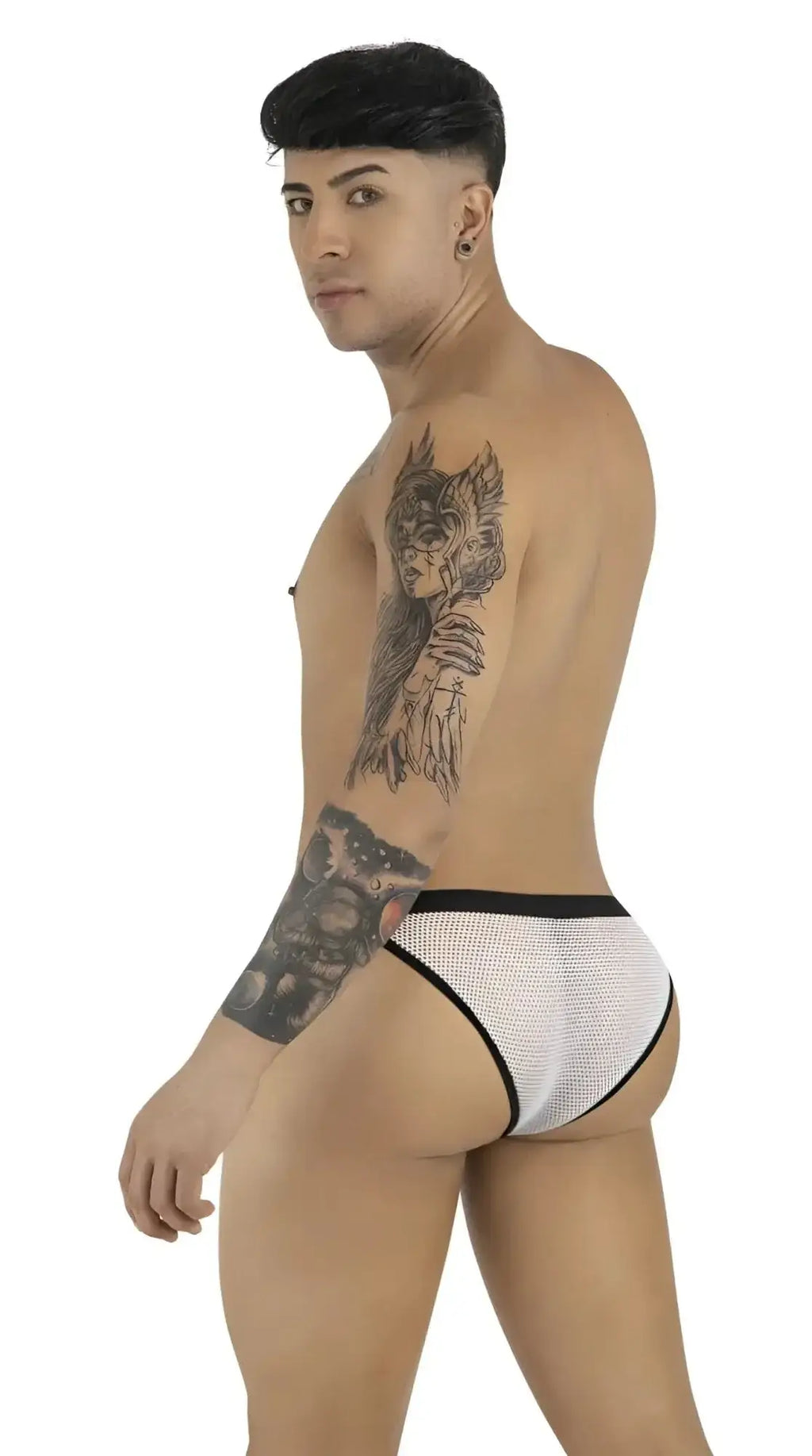 CandyMan 99933 white mesh bikini on a model, back view.