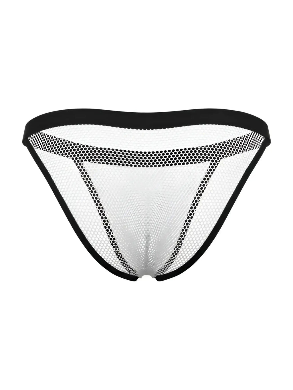 Front view of CandyMan 99933 bikini in white mesh with black trim.