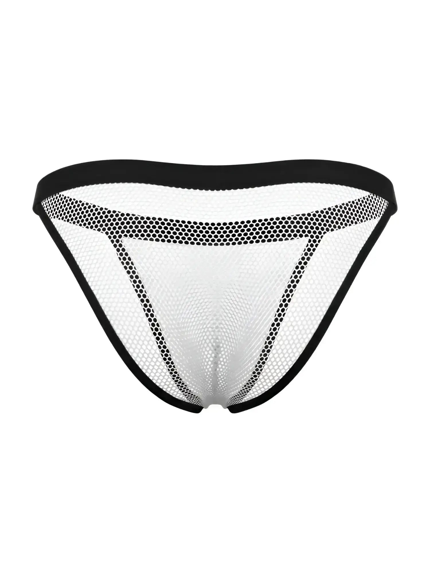 Front view of CandyMan 99933 bikini in white mesh with black trim.