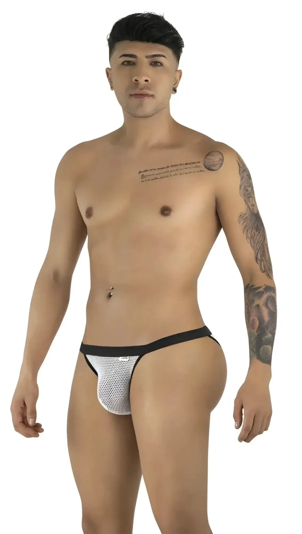 CandyMan 99933 white mesh bikini, front view on a model.