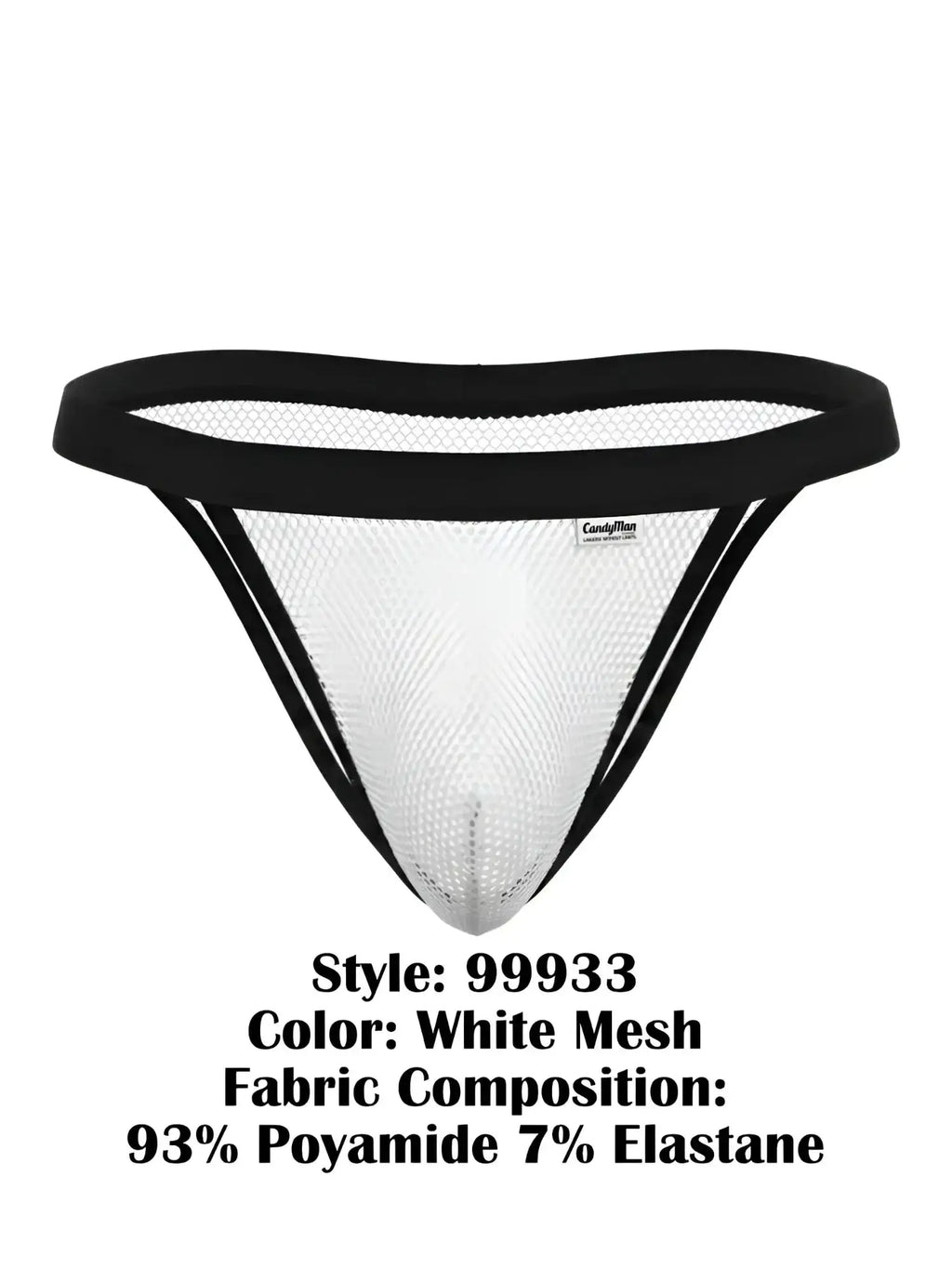 CandyMan 99933 bikini in white mesh, front view product shot.