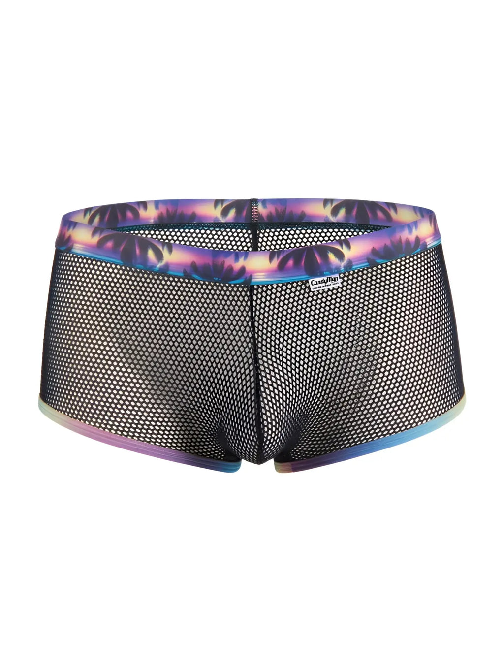 Front view of CandyMan 99934 black mesh trunks with a colorful palm tree print waistband.