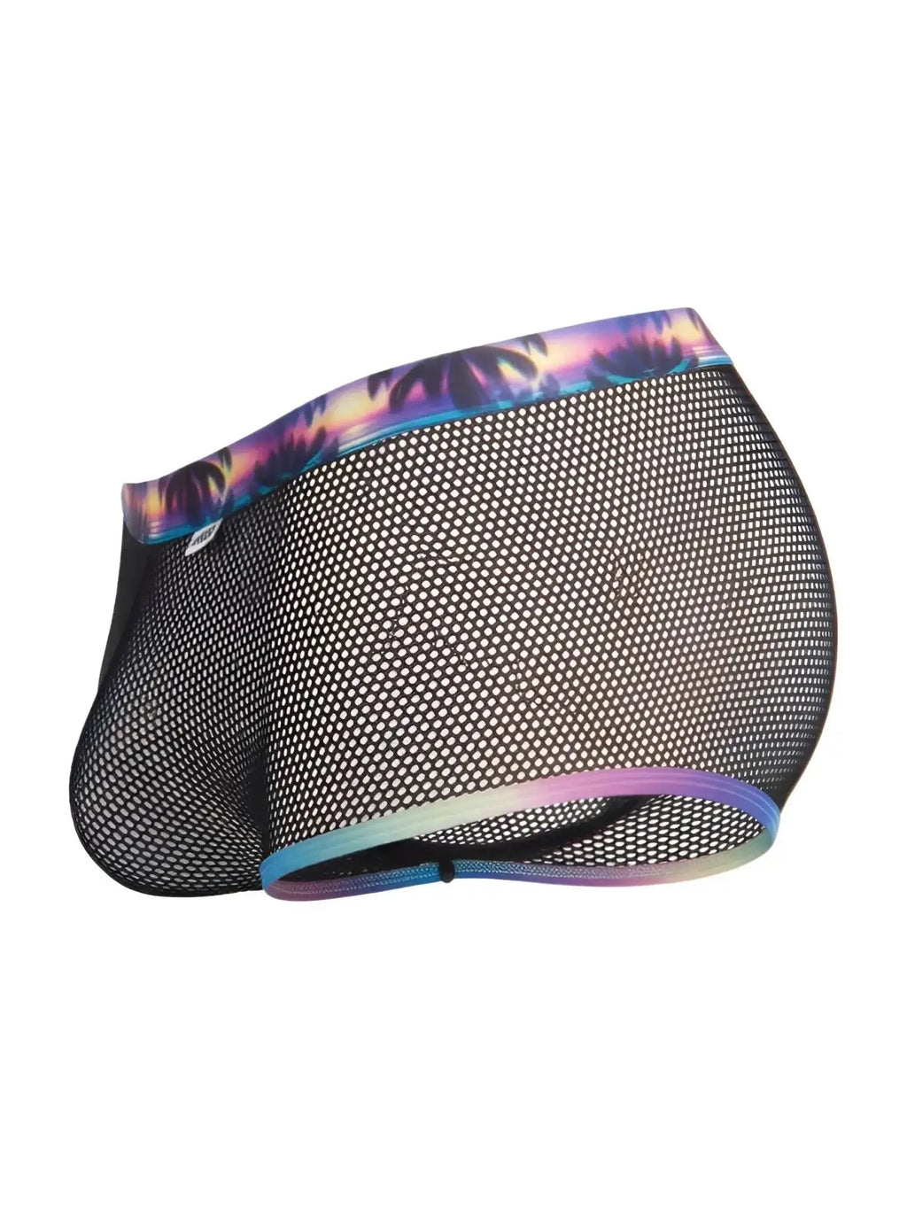 Side view of CandyMan 99934 black mesh trunks with a colorful palm tree print waistband.
