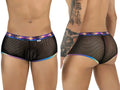 CandyMan 99934 black mesh trunks, front and back view on a model.