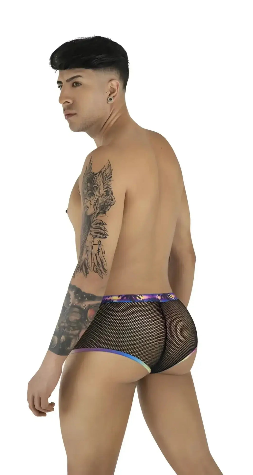 CandyMan 99934 black trunks on a model, back view showcasing the fishnet fabric.