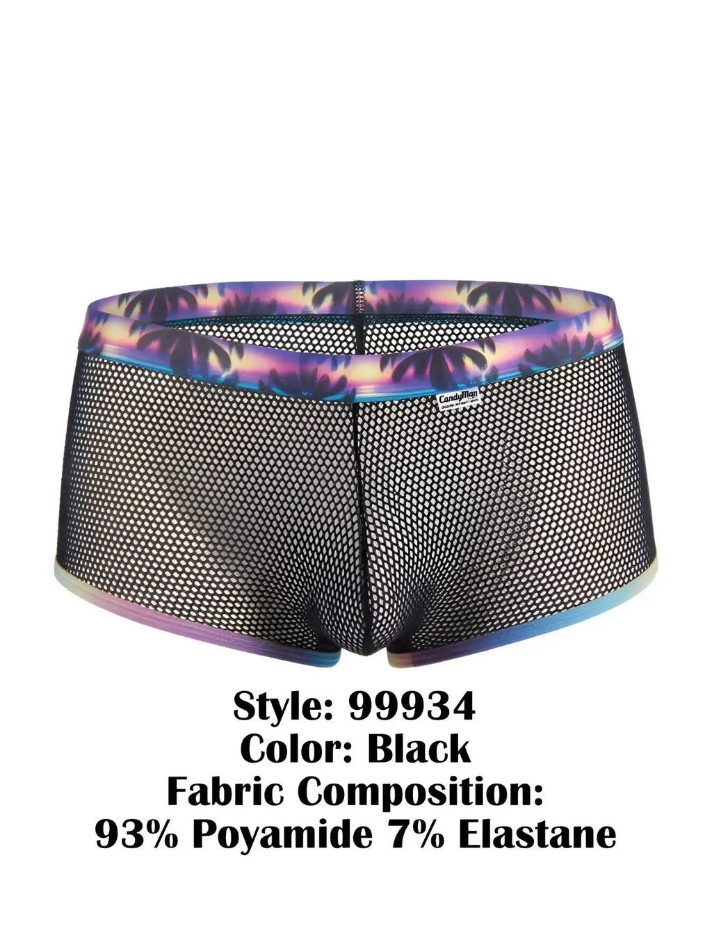 Front view of black CandyMan 99934 mesh trunks with a colorful palm tree print waistband.