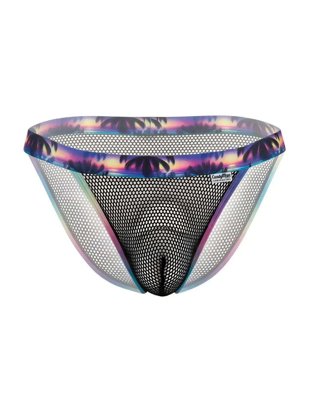 CandyMan 99935 black mesh bikini briefs, front view, featuring a tropical sunset waistband.