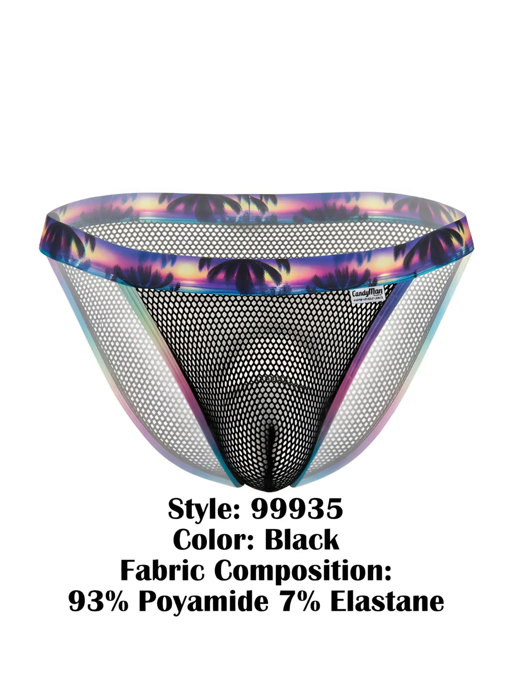 Front view of black CandyMan 99935 mesh bikini briefs with a tropical sunset waistband.