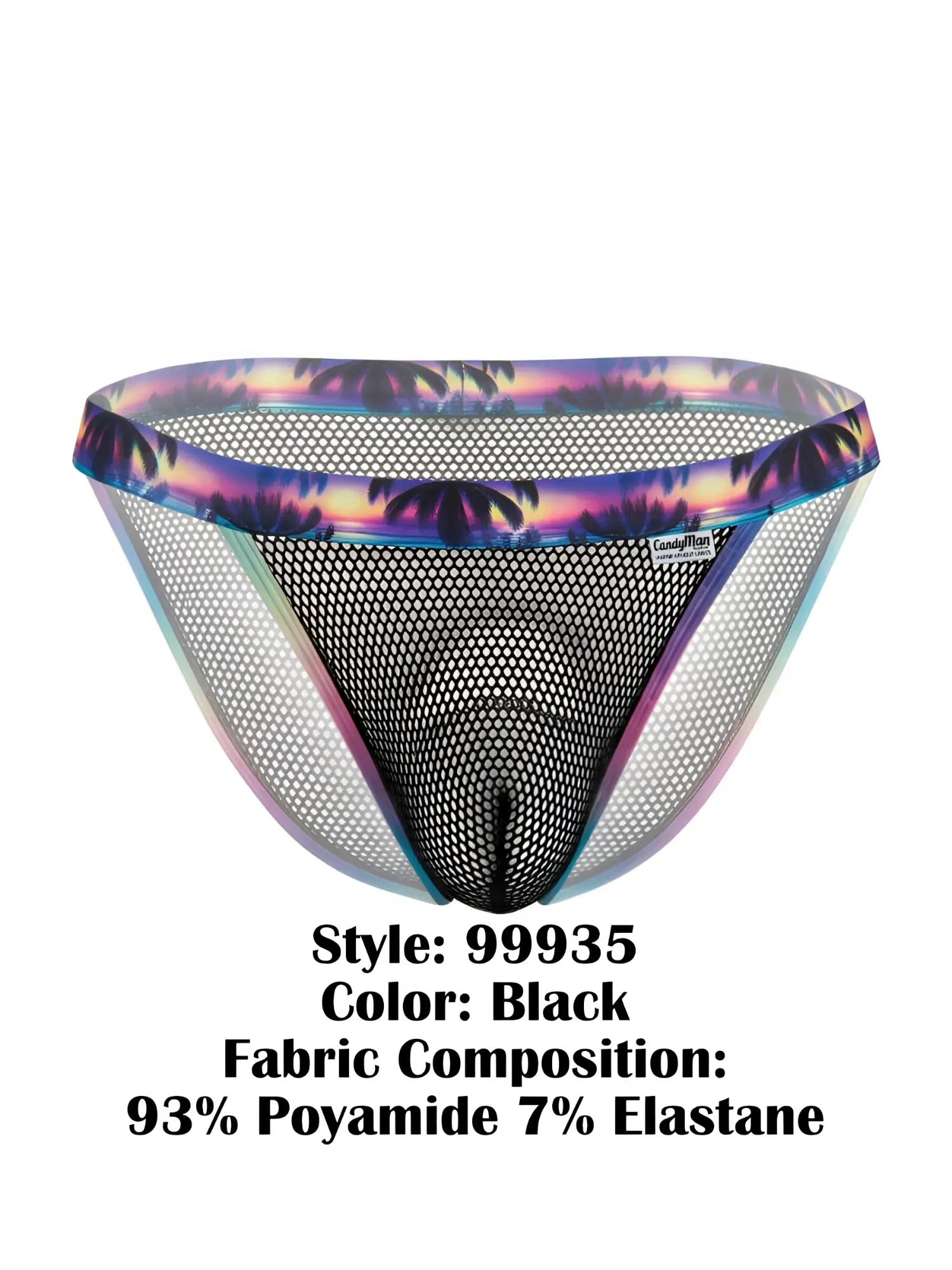 Front view of black CandyMan 99935 mesh bikini briefs with a tropical sunset waistband.