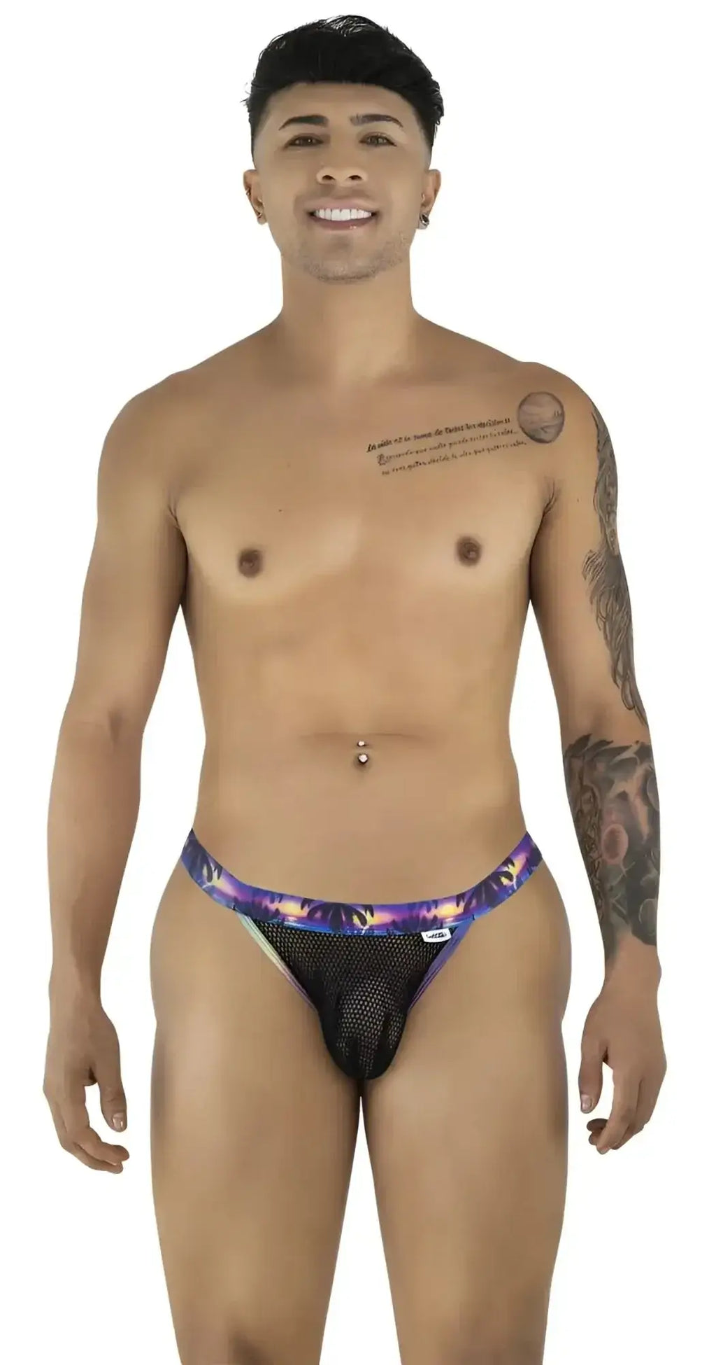 Front view of CandyMan 99935 mesh bikini briefs in black with a colorful tropical waistband.