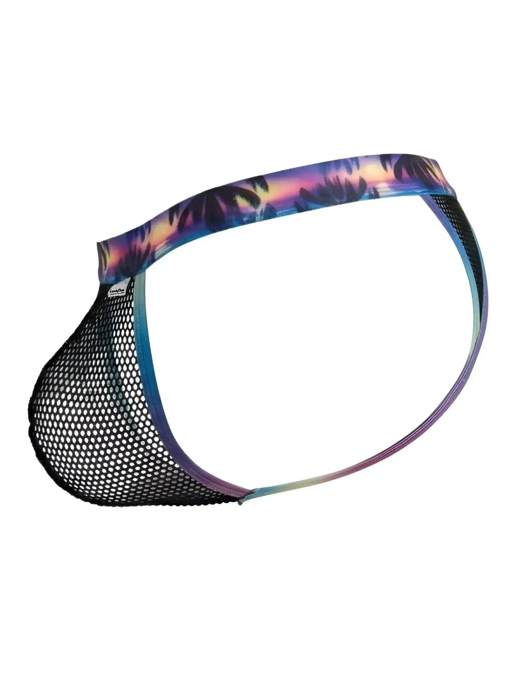 CandyMan 99936 thong in black mesh with a tropical sunset print waistband, side-view product shot.