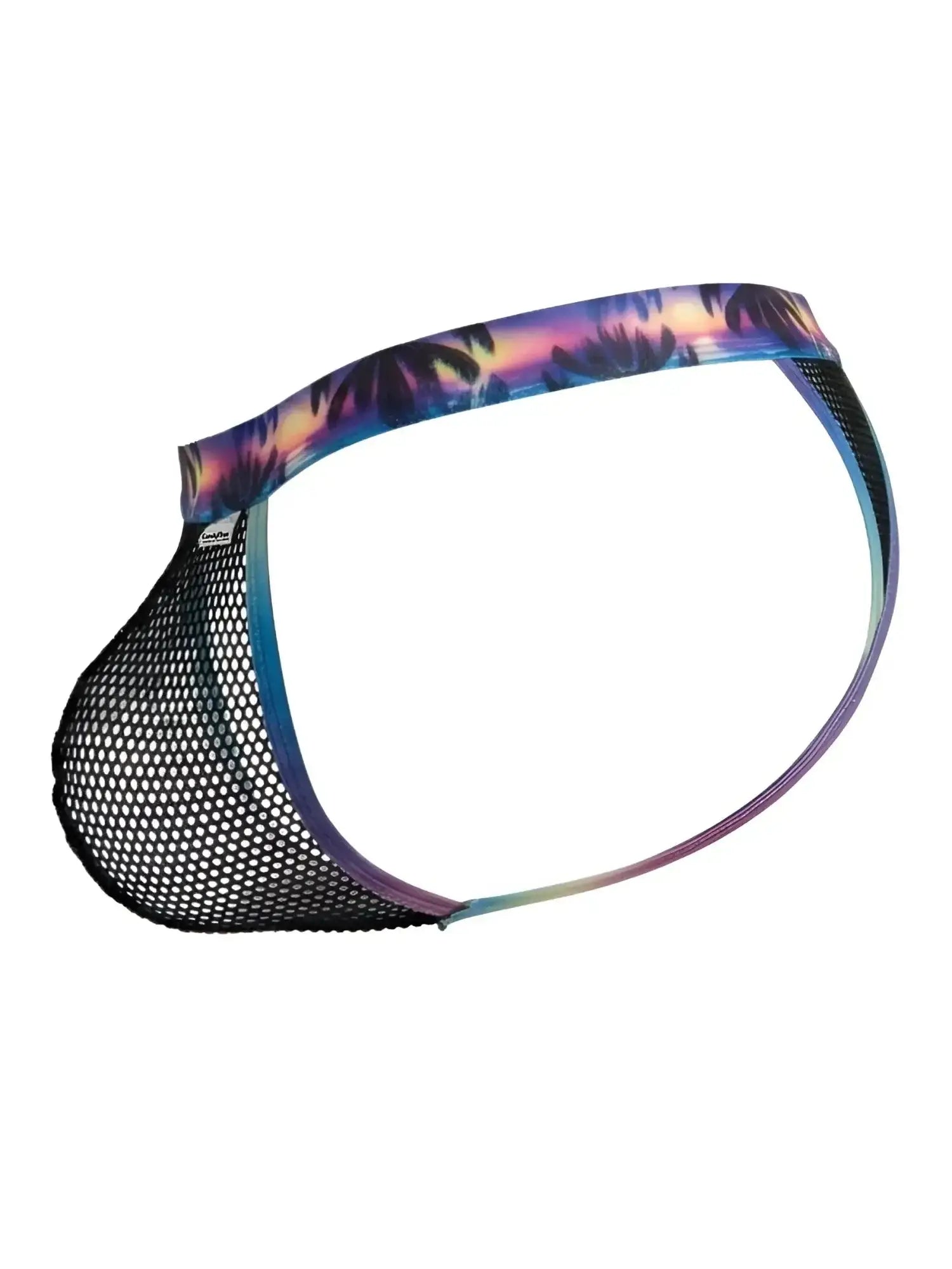 CandyMan 99936 thong in black mesh with a tropical sunset print waistband, side-view product shot.