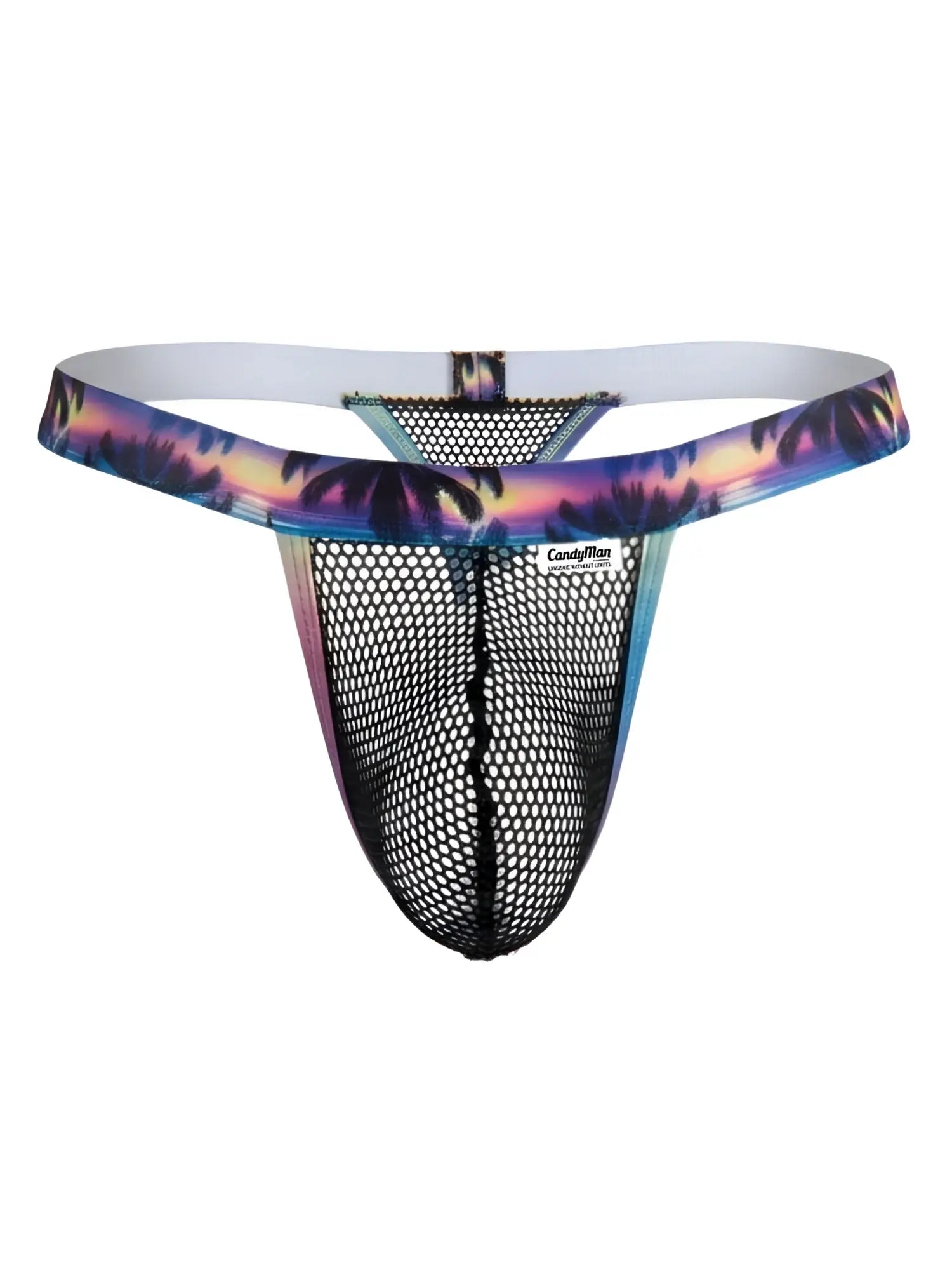 CandyMan 99936 thong in black and palm print, front view of mesh G-string underwear.
