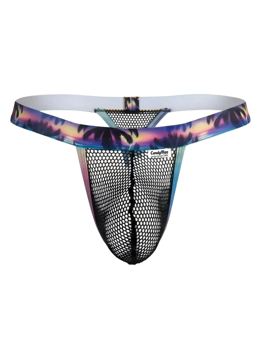CandyMan 99936 thong in black and palm print, front view of mesh G-string underwear.