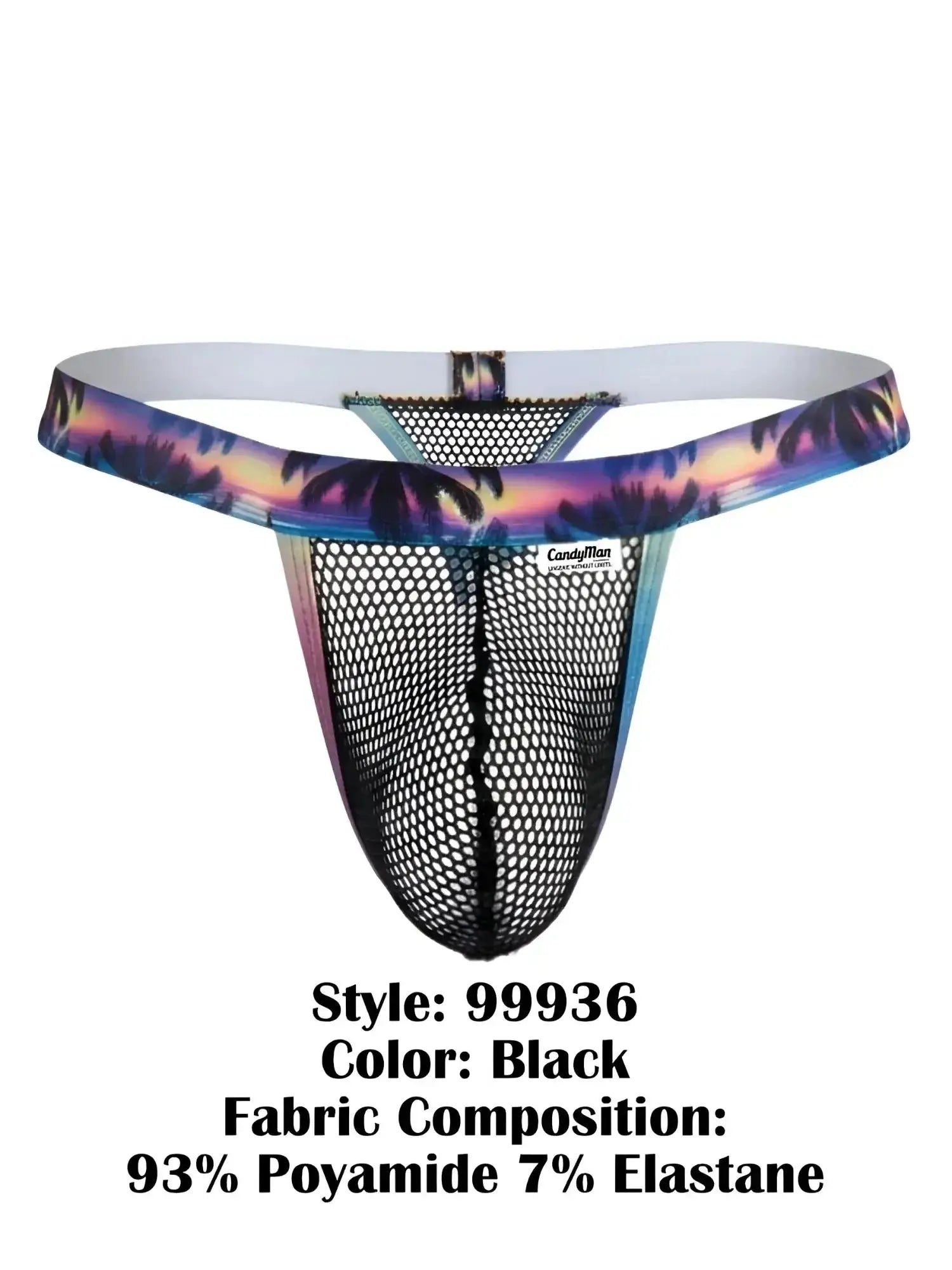 Front view of CandyMan 99936 black mesh thong with a tropical palm print waistband.