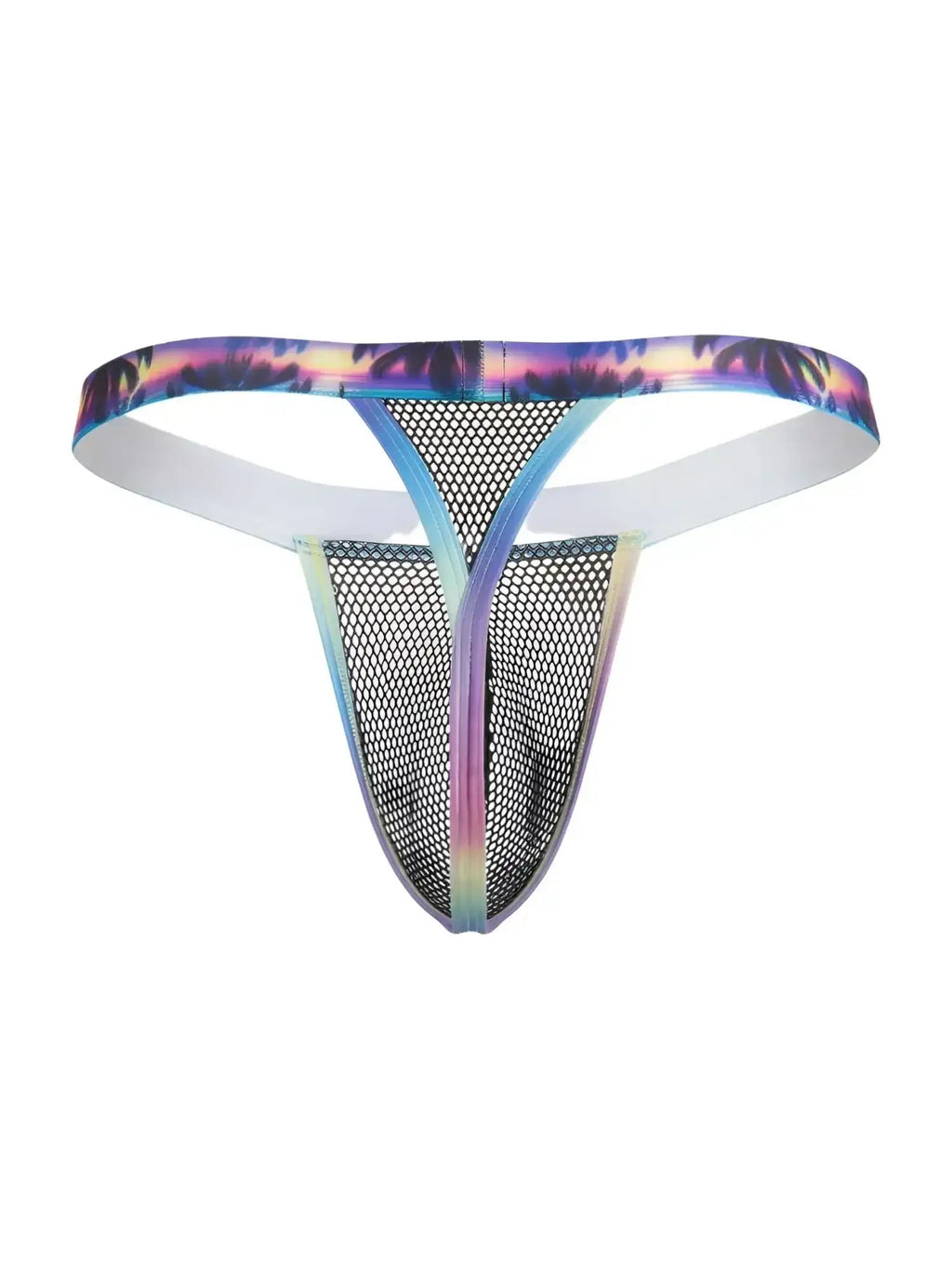 Front view of CandyMan 99936 thong in black, featuring a multicolored palm tree print waistband and mesh fabric.