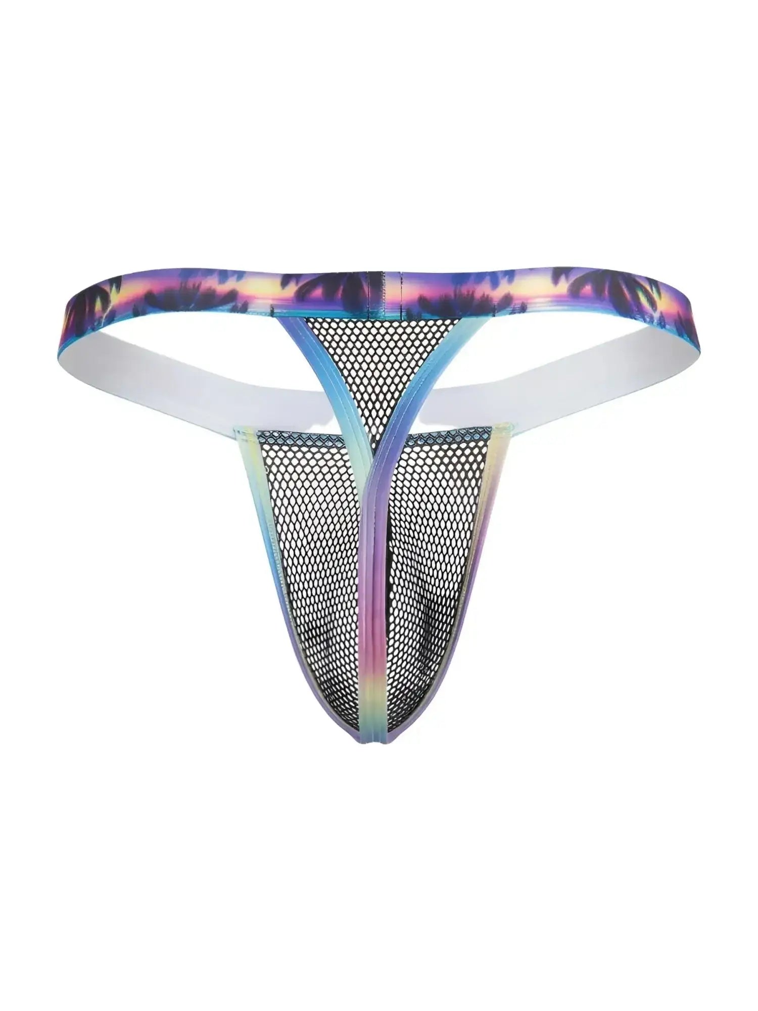 Front view of CandyMan 99936 thong in black, featuring a multicolored palm tree print waistband and mesh fabric.