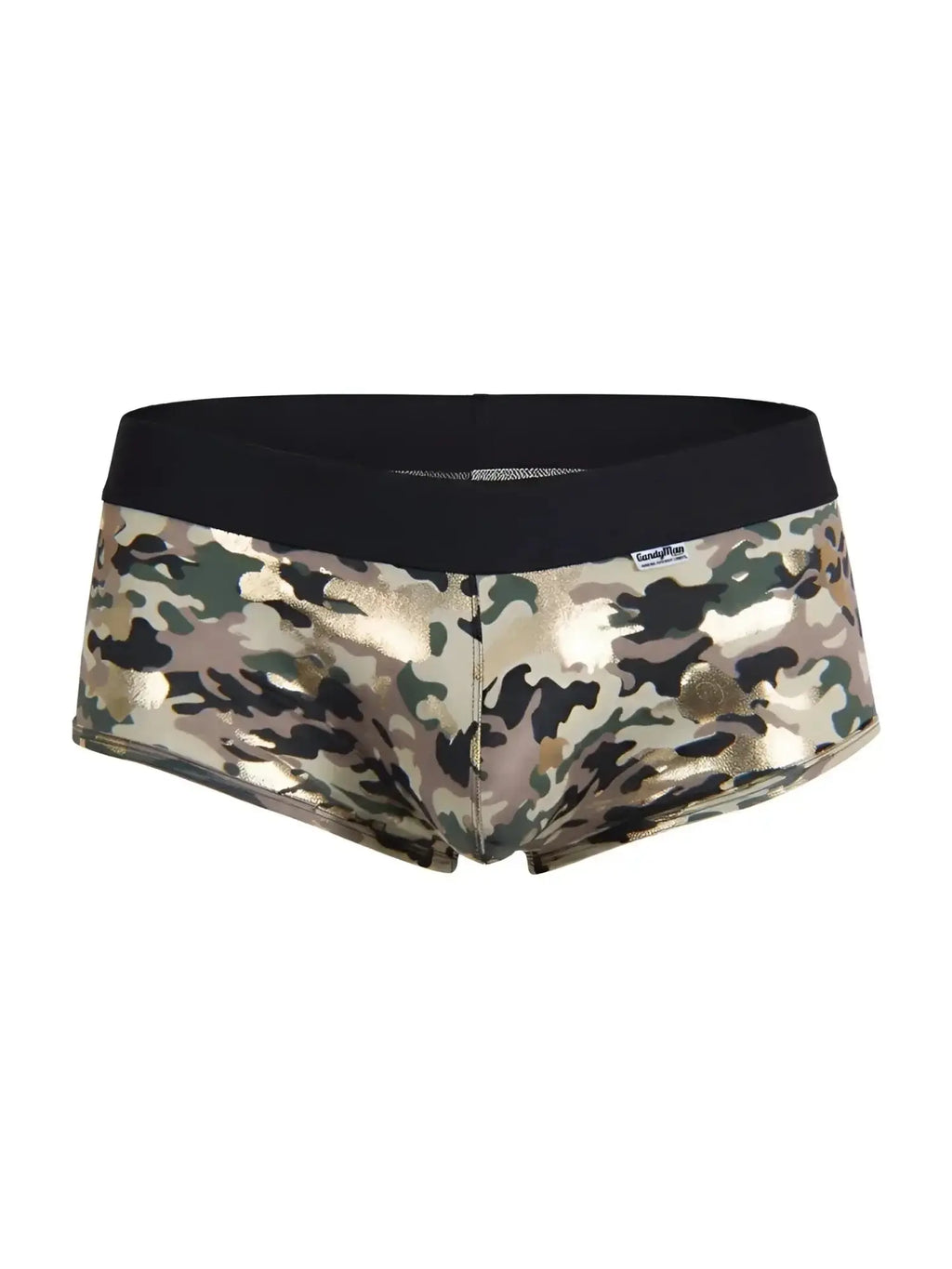 Front view of CandyMan 99937 trunks in metallic camo print with a black waistband.