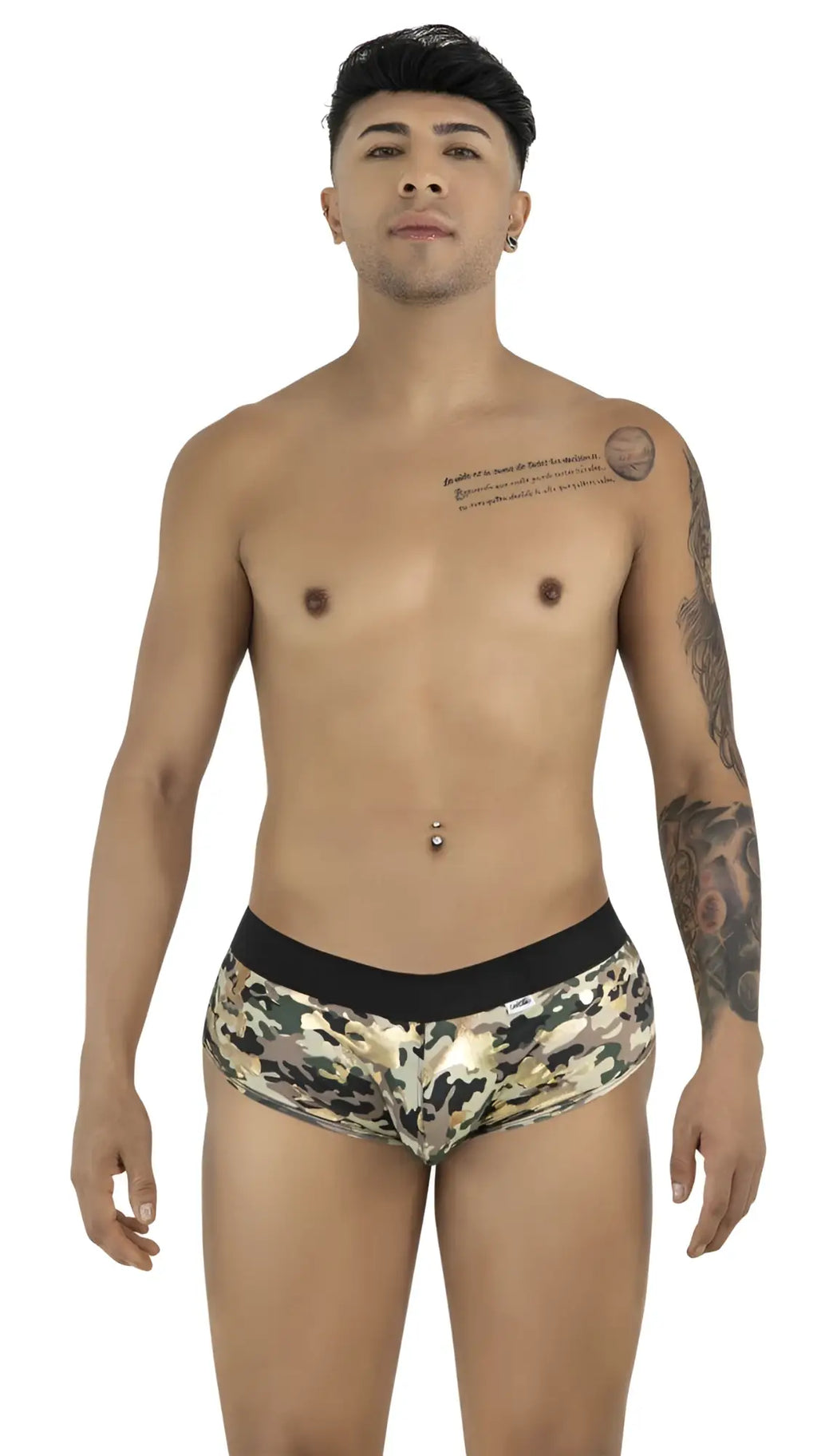 CandyMan 99937 camo trunks on a male model, front view.