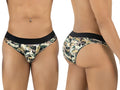 Front and side view of CandyMan 99938 briefs in camo print on a model.
