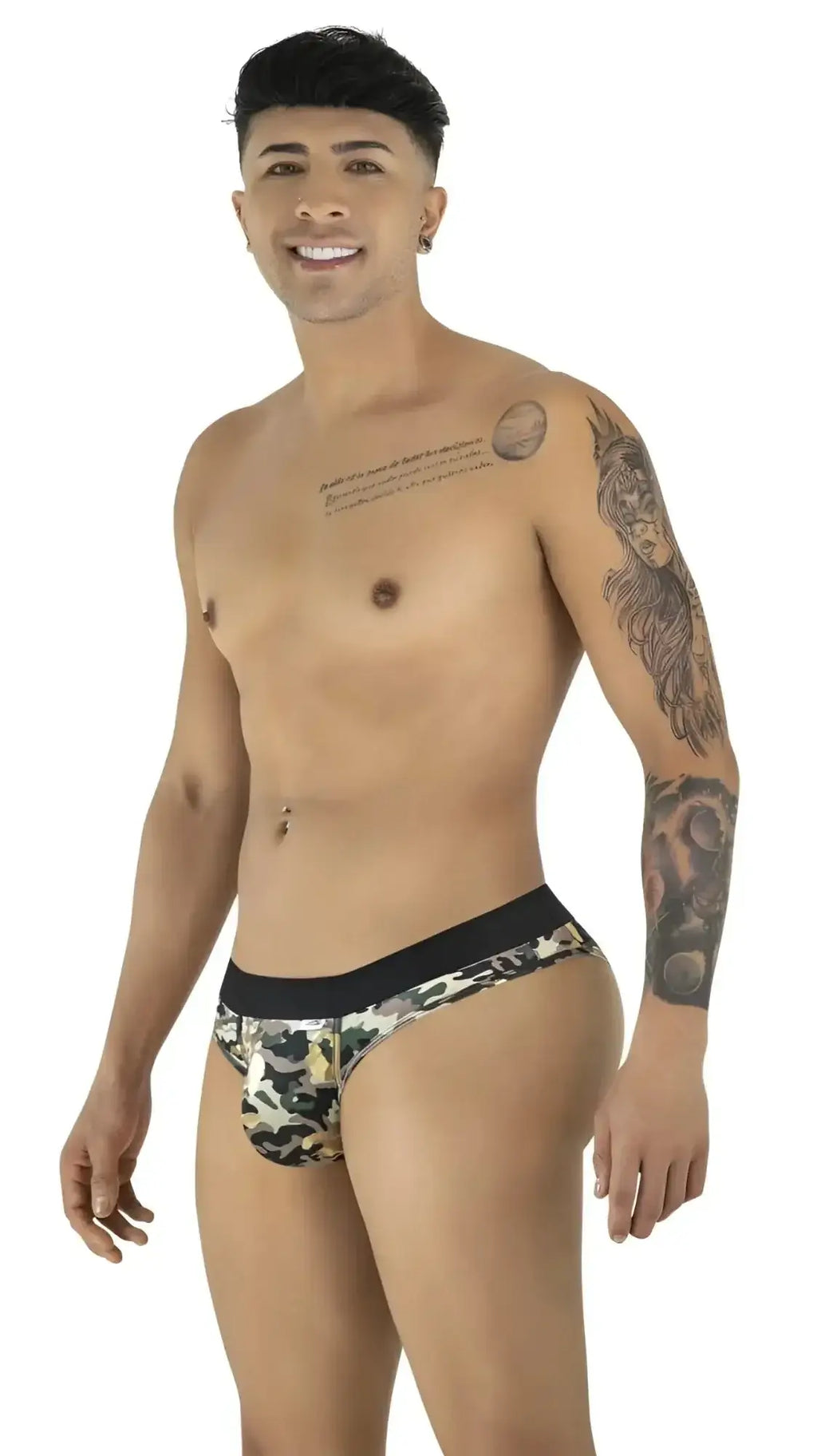 Model wearing CandyMan 99938 camo briefs, studio shot showing a front-side view.