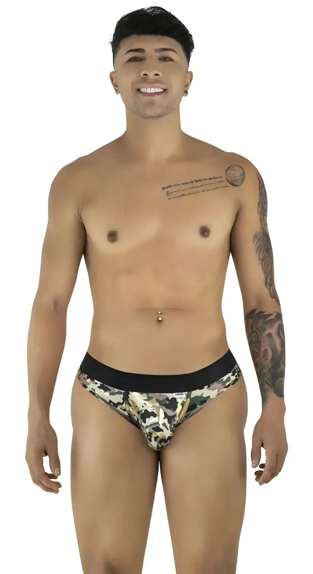 Front view of model wearing CandyMan 99938 camouflage briefs.