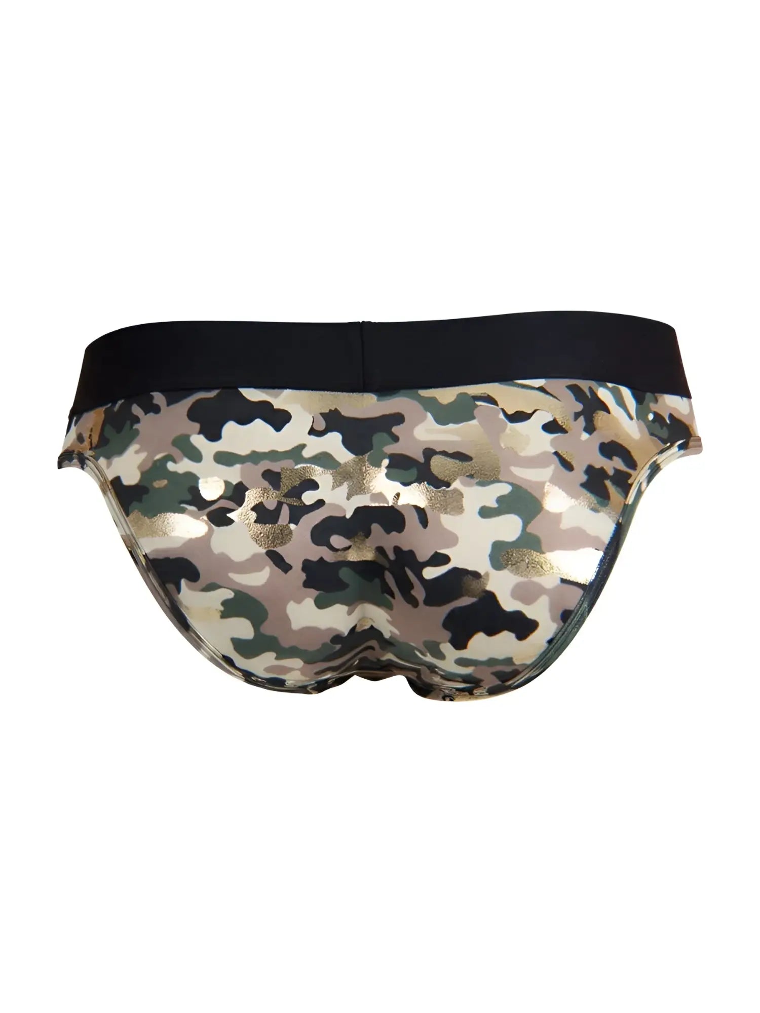 CandyMan 99938 camo briefs, back view showing the metallic camouflage print and black waistband.