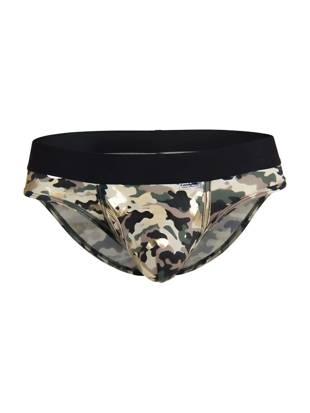 Front view of CandyMan 99938 camo briefs with a black waistband.