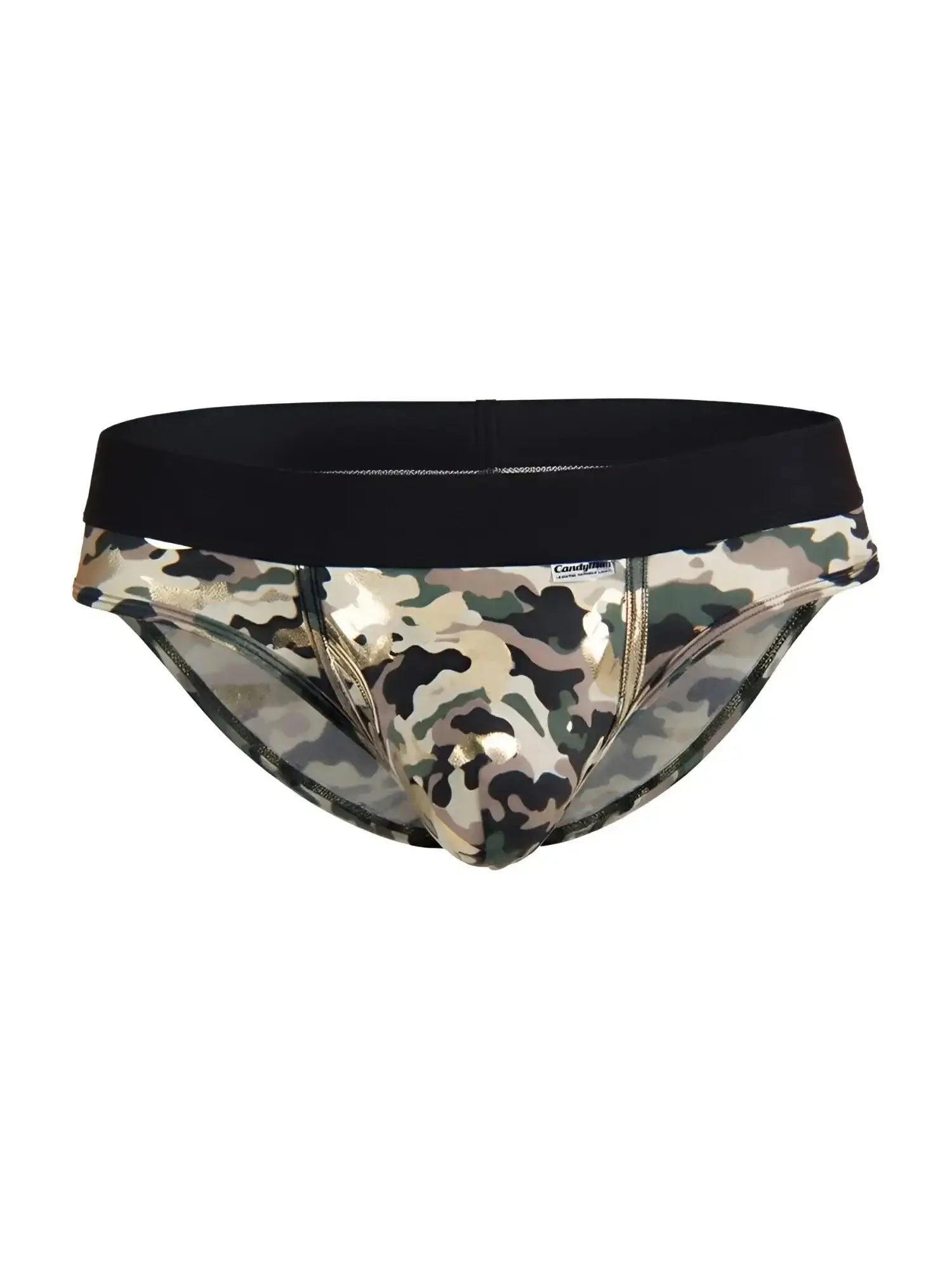 Front view of CandyMan 99938 camo briefs with a black waistband.