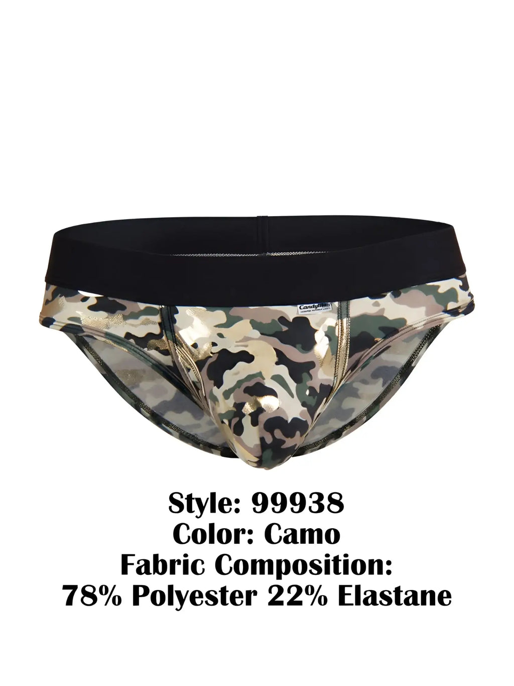 Front view of CandyMan 99938 camo briefs with a black waistband.