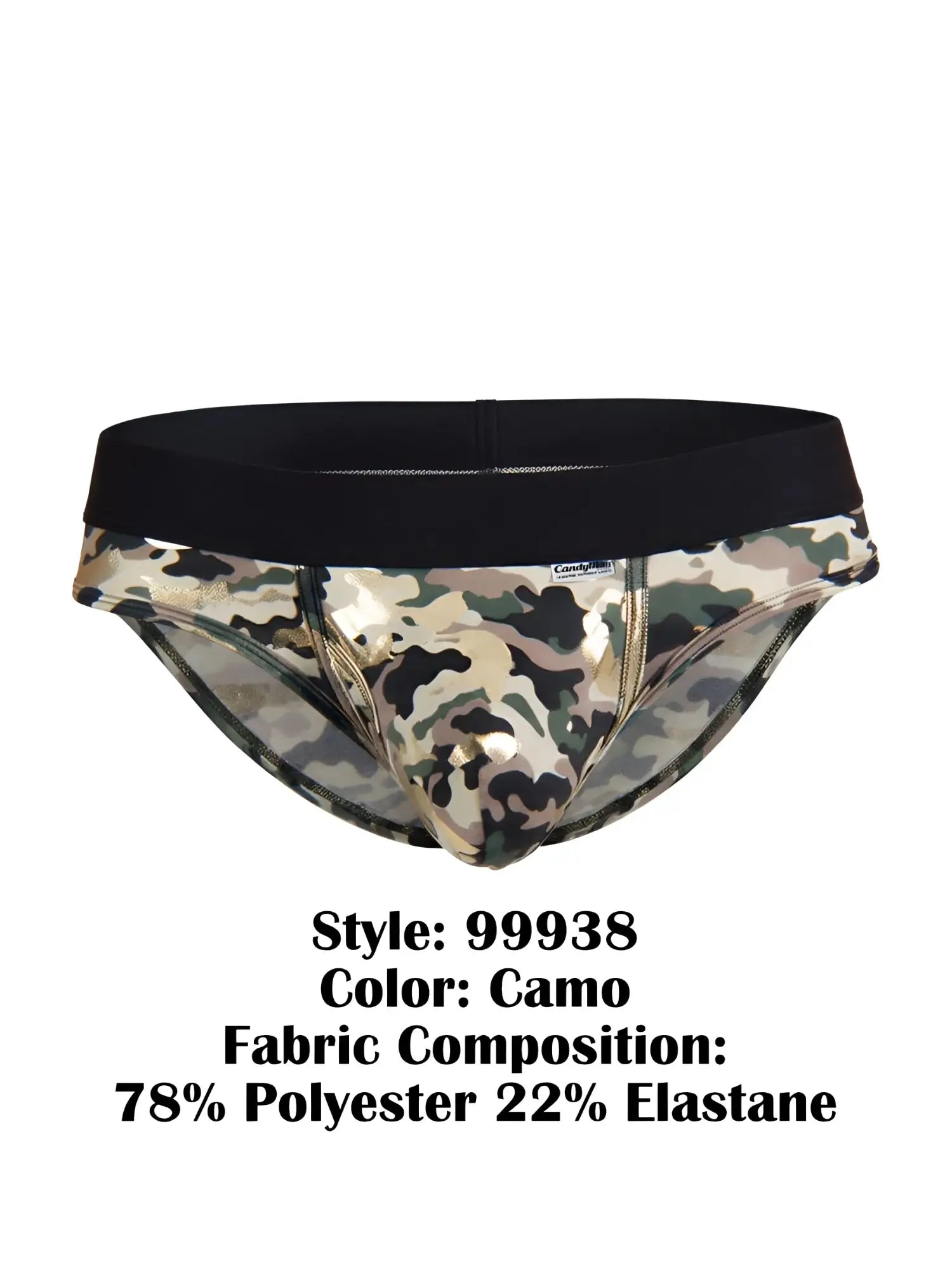 Front view of CandyMan 99938 camo briefs with a black waistband.