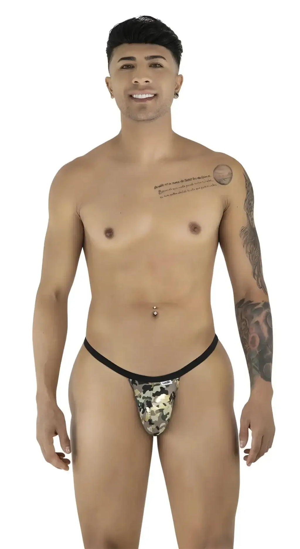 Front view of a man wearing CandyMan 99939 camo thong underwear.